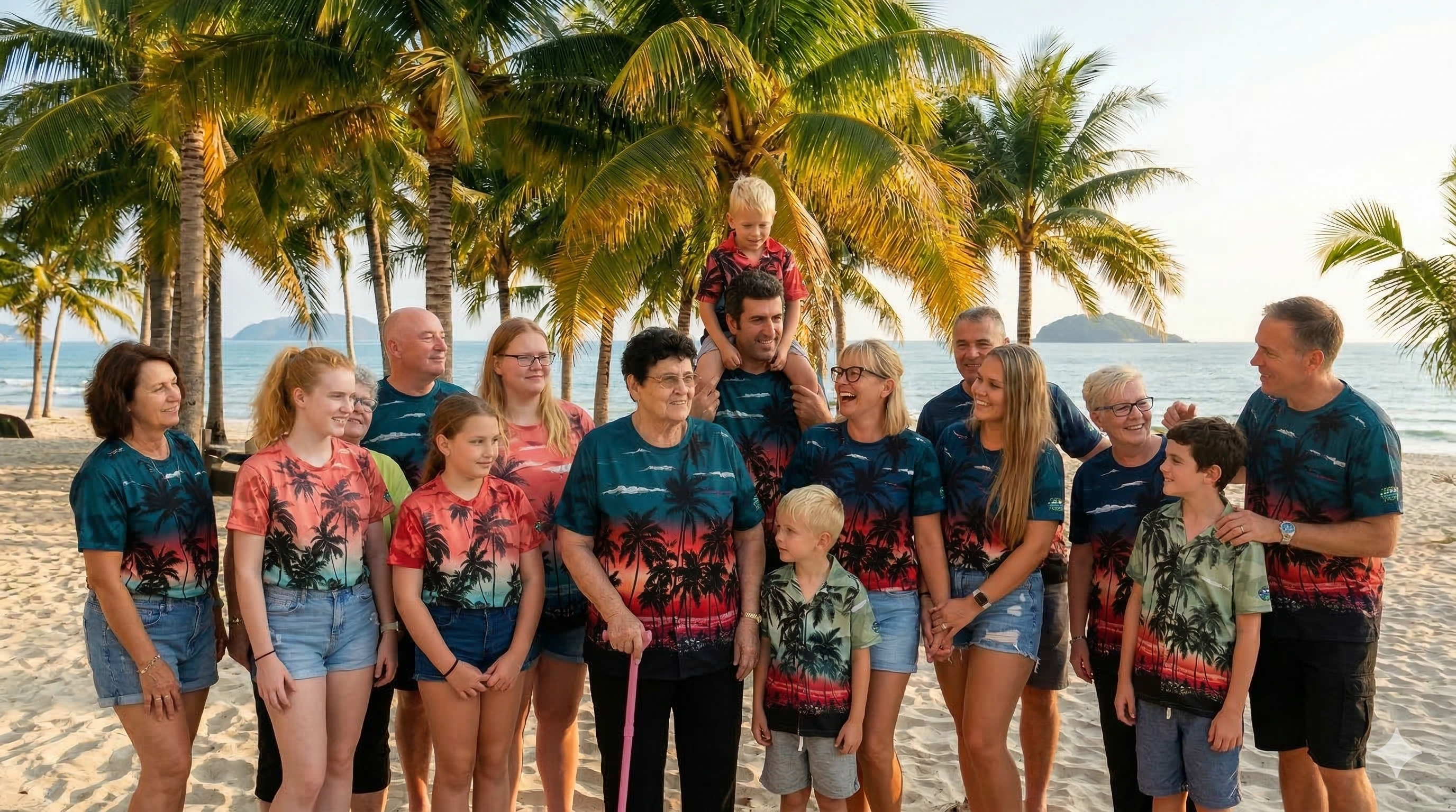 Three generations of a family wearing matching custom Hawaiian shirts during a beach family reunion.