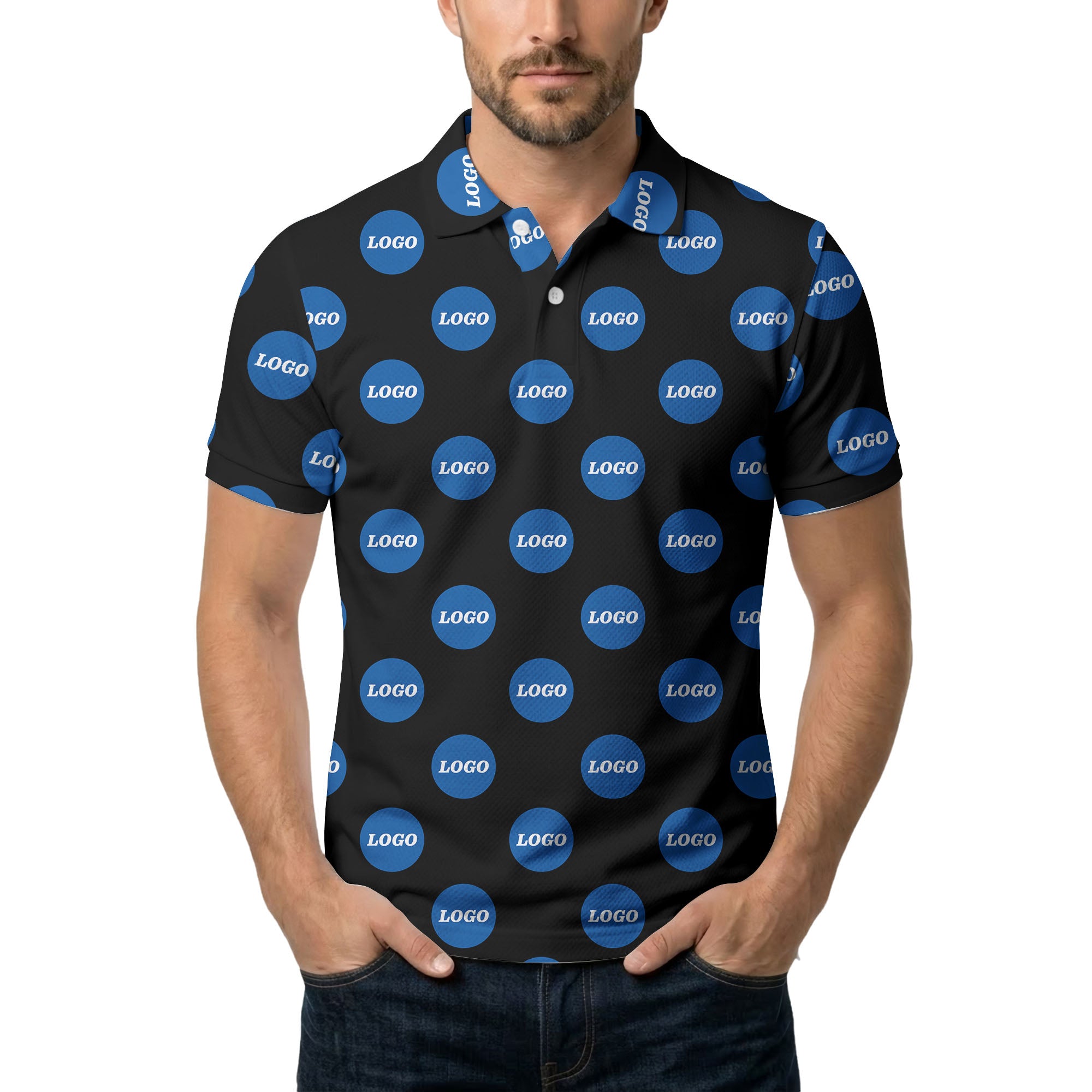 custom color logo polo shirt | bold branded repeating pattern