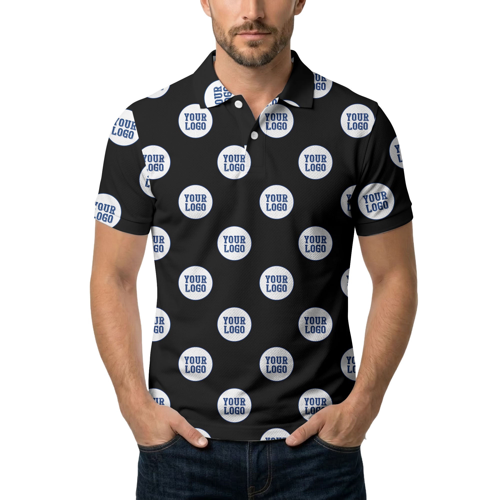 custom color logo polo shirt — geometric repeating corporate print