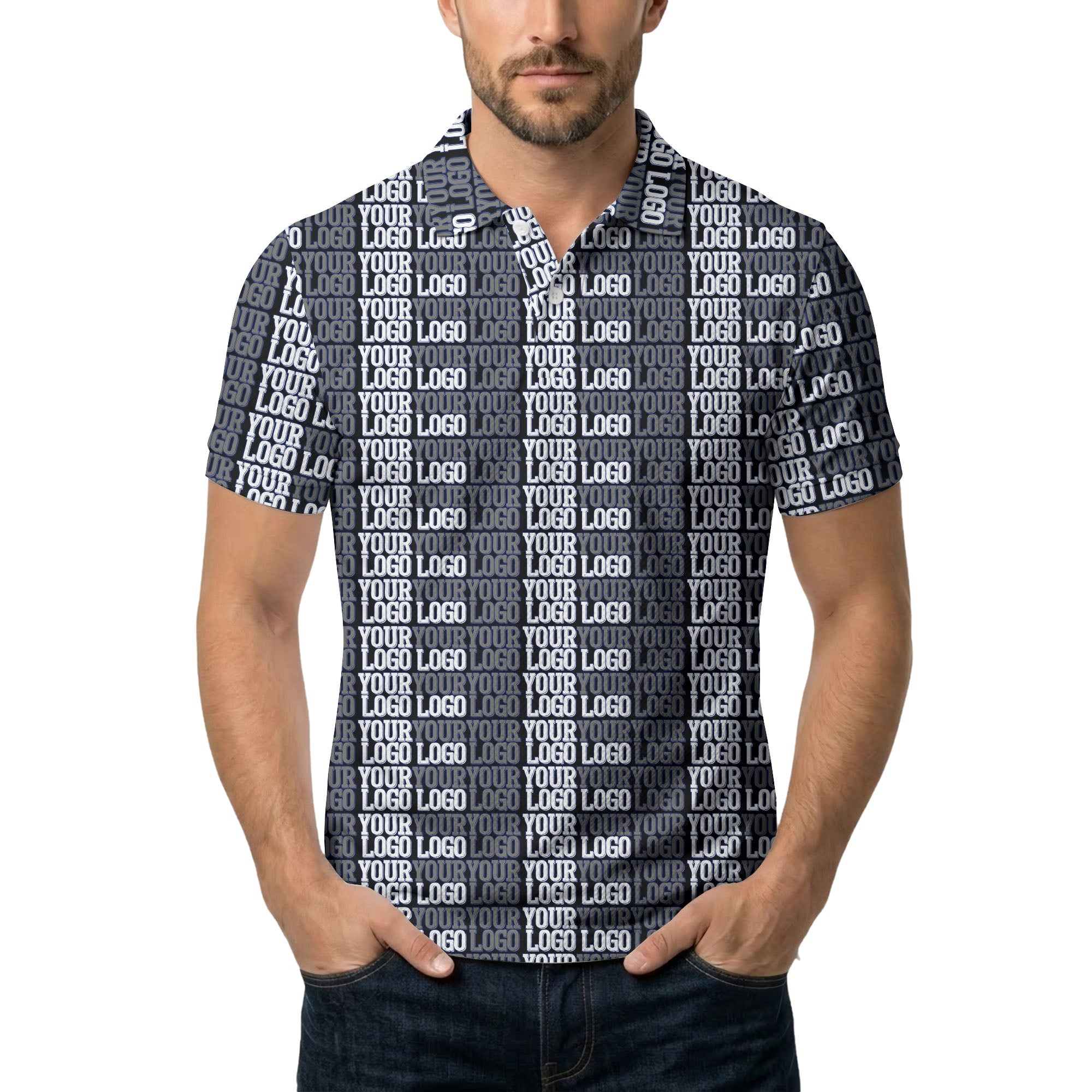 custom multi color minimalist repeating logo polo shirt with corporate branding style hawaiian shirt