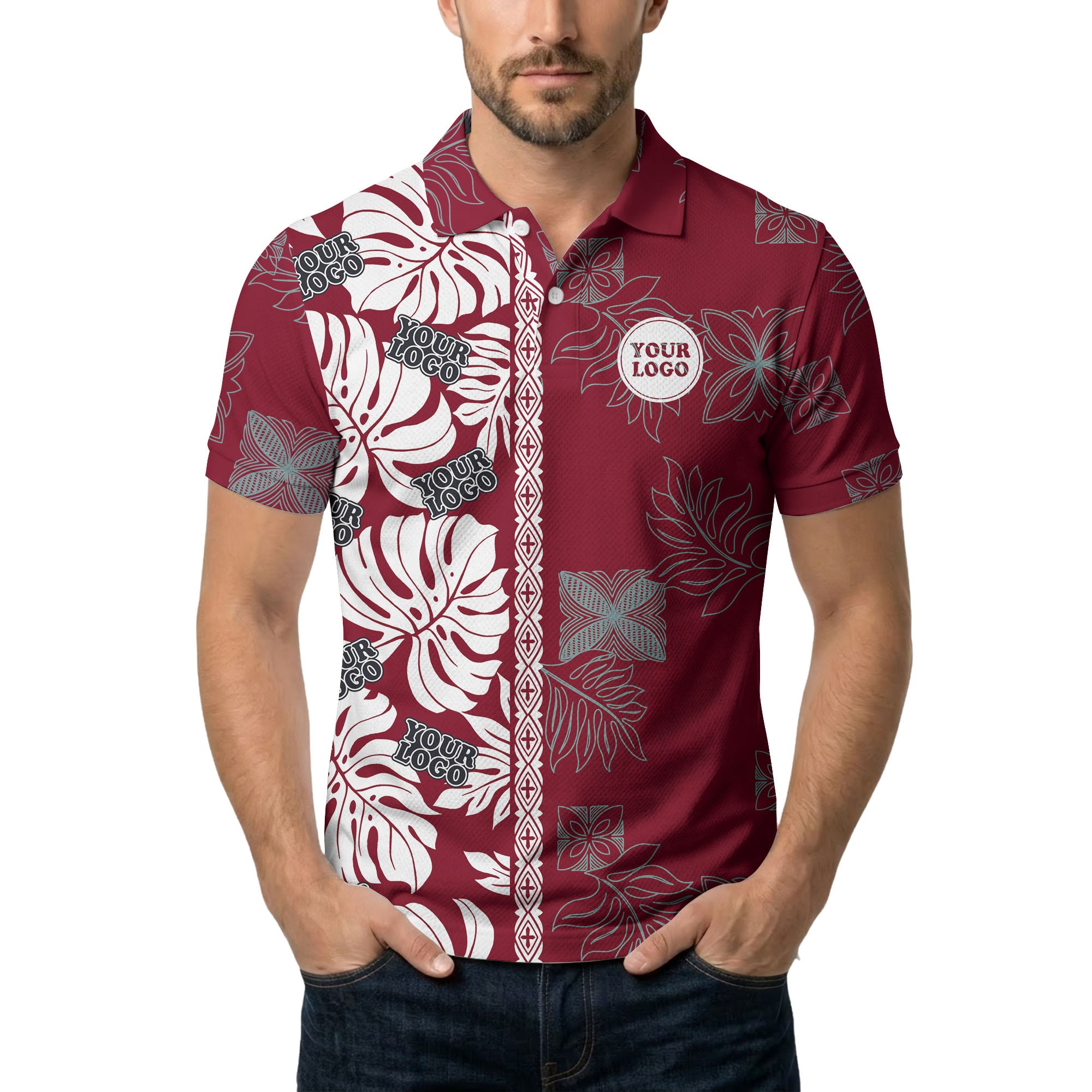 tropical leaf pattern polo custom polo shirt