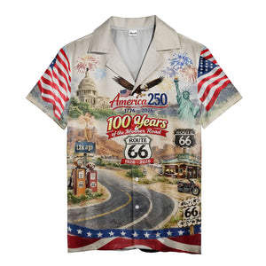 america 250 route 66 hawaiian shirt, patriotic usa landmark aloha button down shirt
