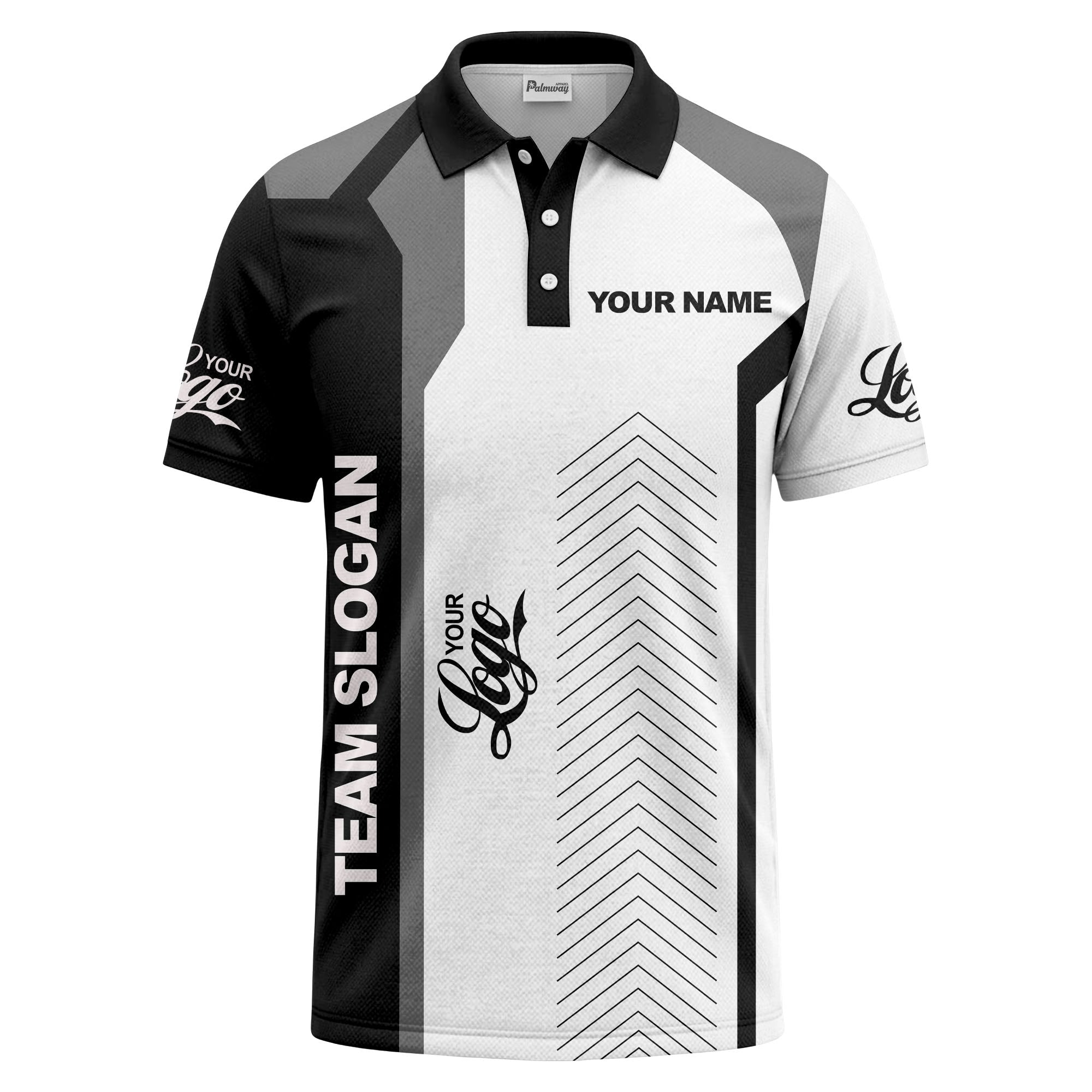 arrow repeat geometric logo & text custom polo shirt