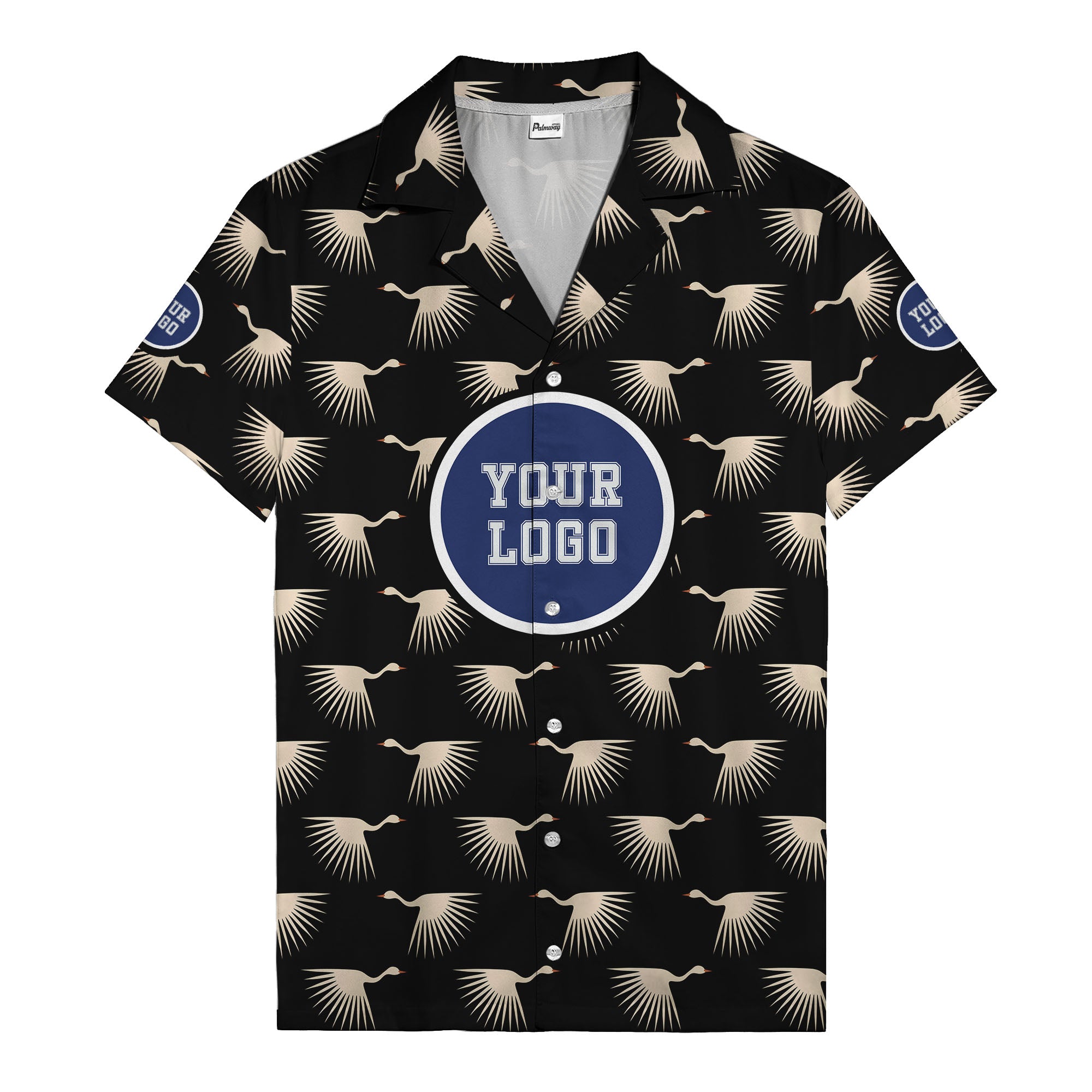 art deco crane silhouette logo beige navy hawaiian shirt