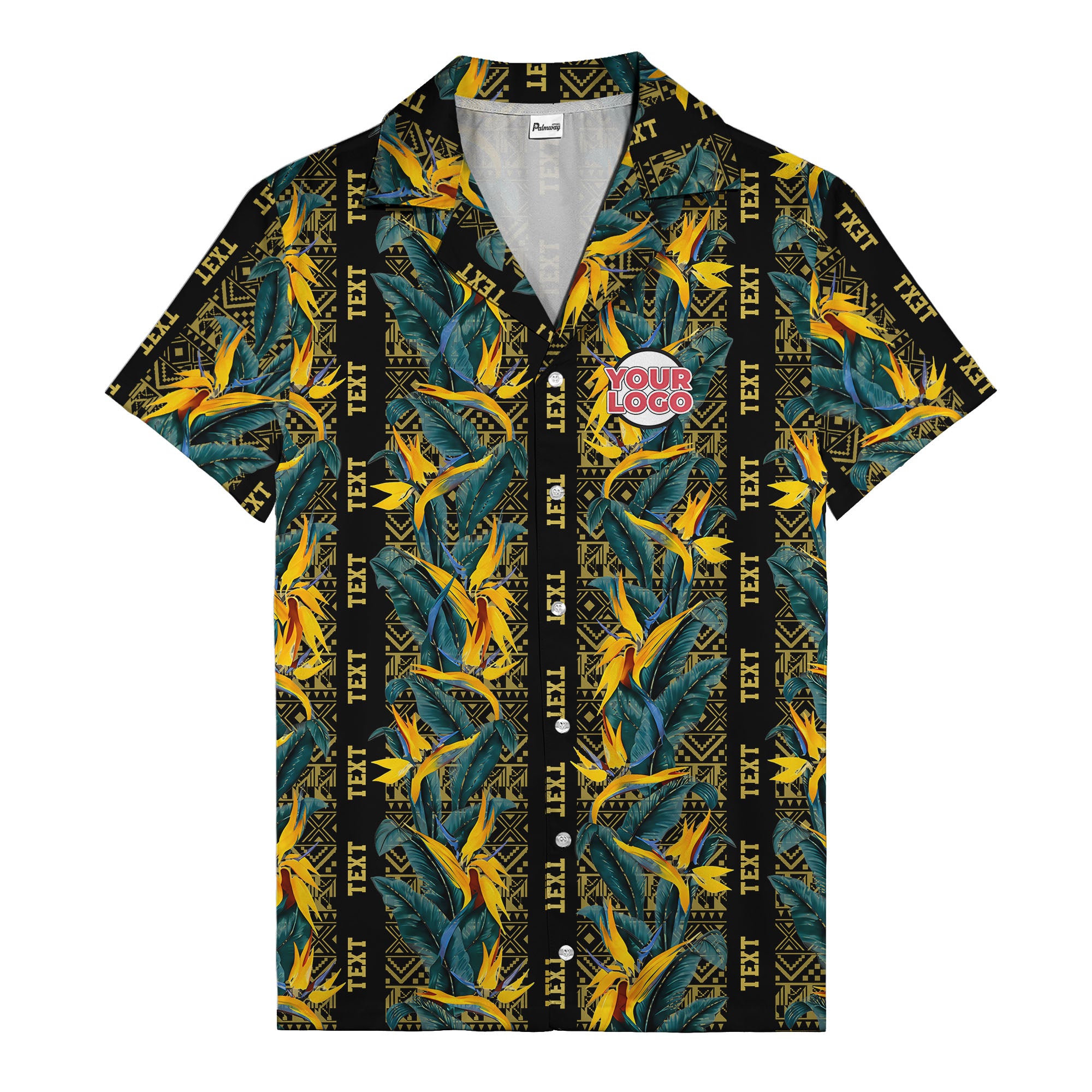 bird of paradise blossoms & tribal border black hawaiian shirt for men