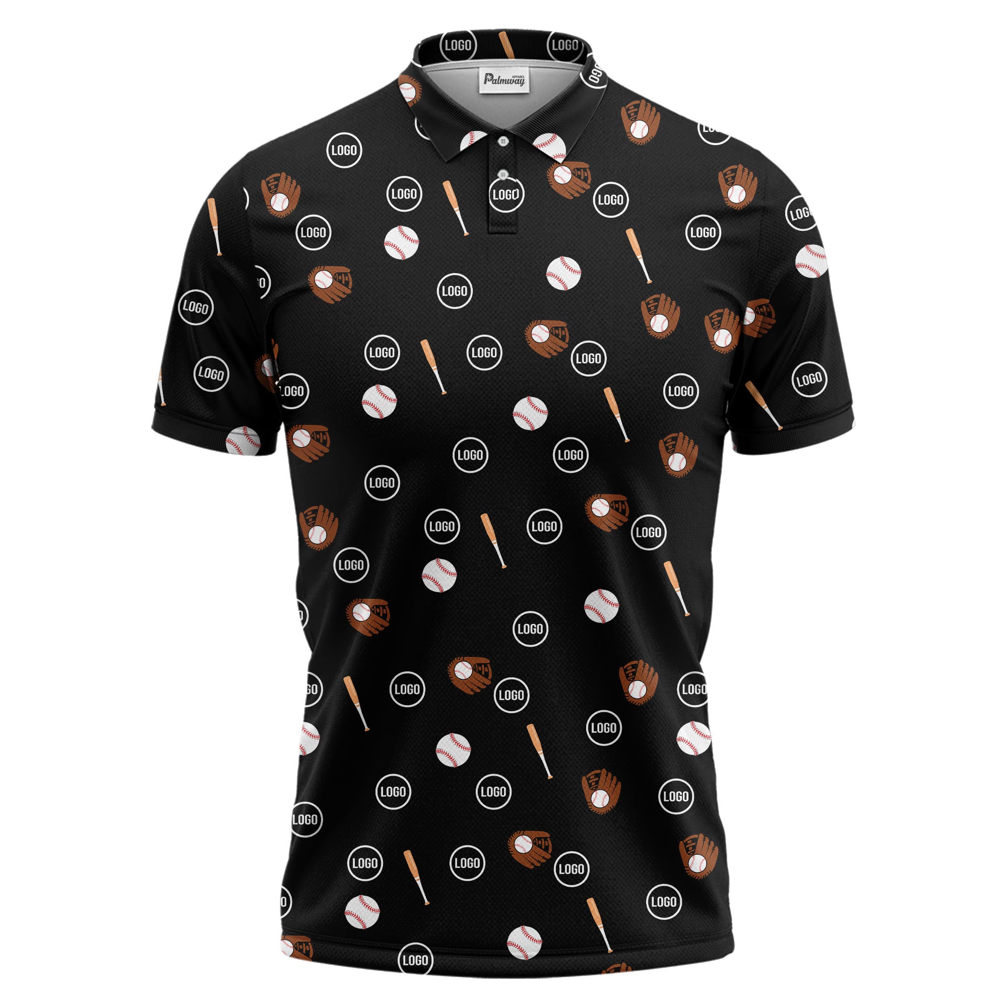 Black Baseball Icons Repeating Illustrated Polo Shirt For Sporty Fans