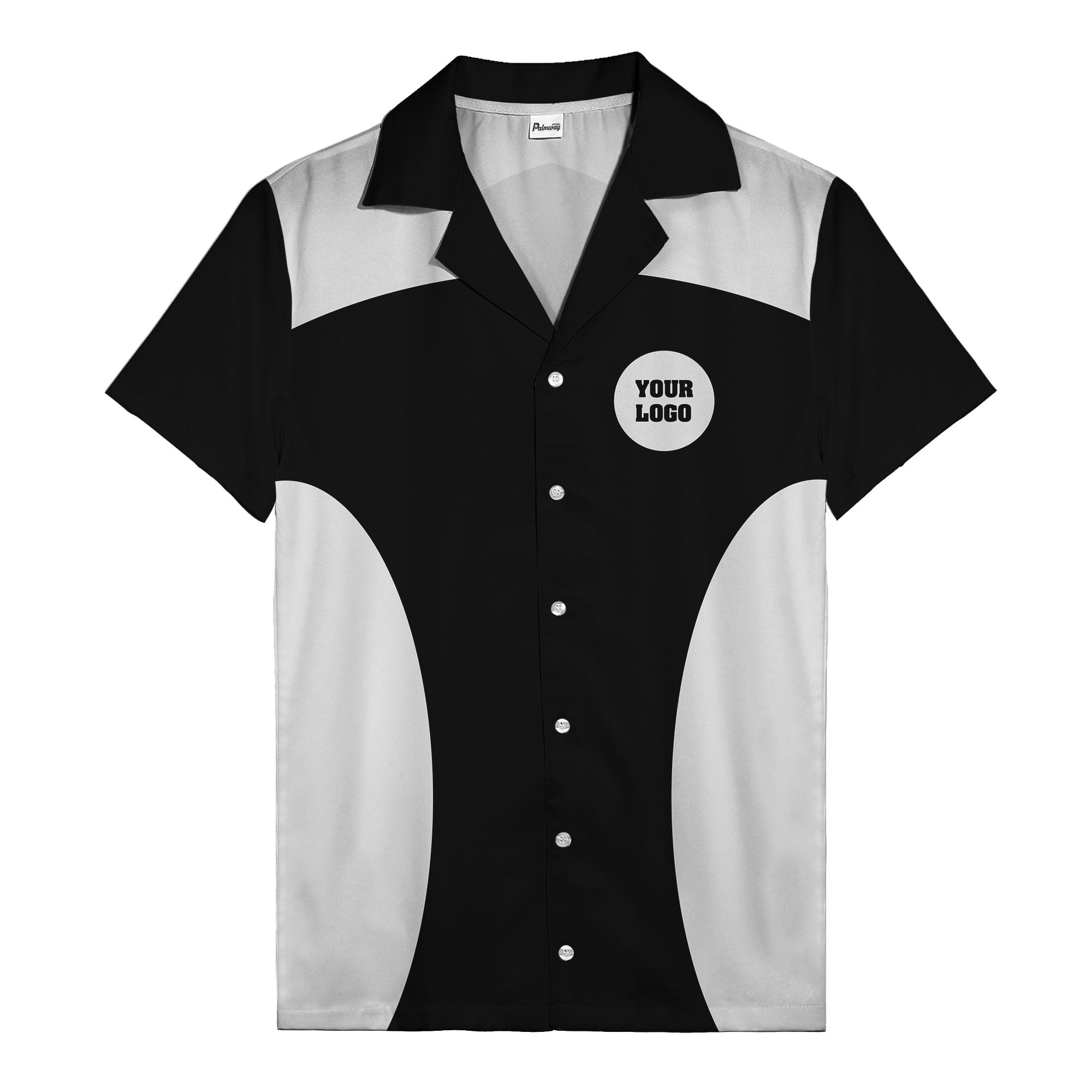 black silver geometric bowling hawaiian shirt with custom logo patch