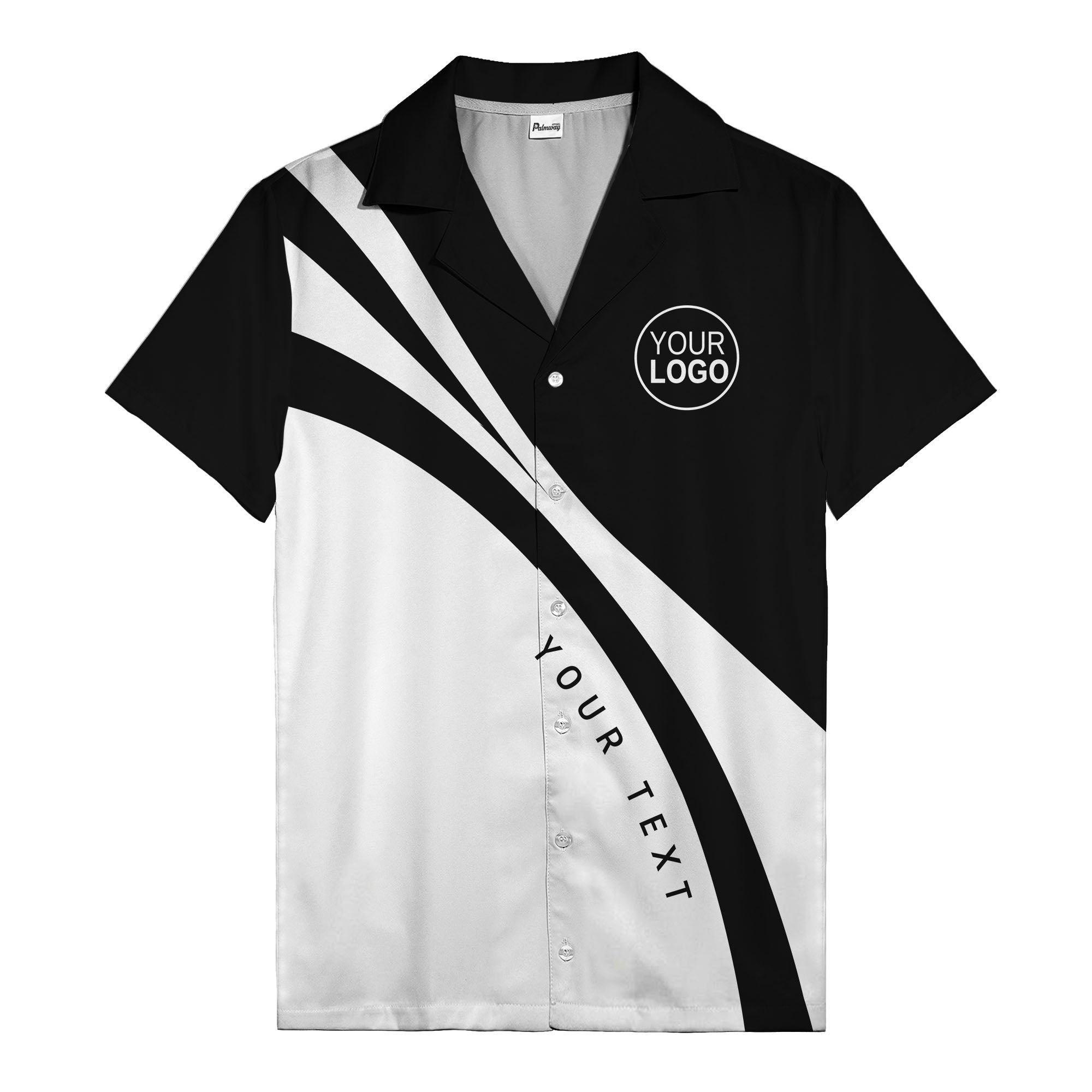 black white diagonal stripe hawaiian shirt with custom logo slot