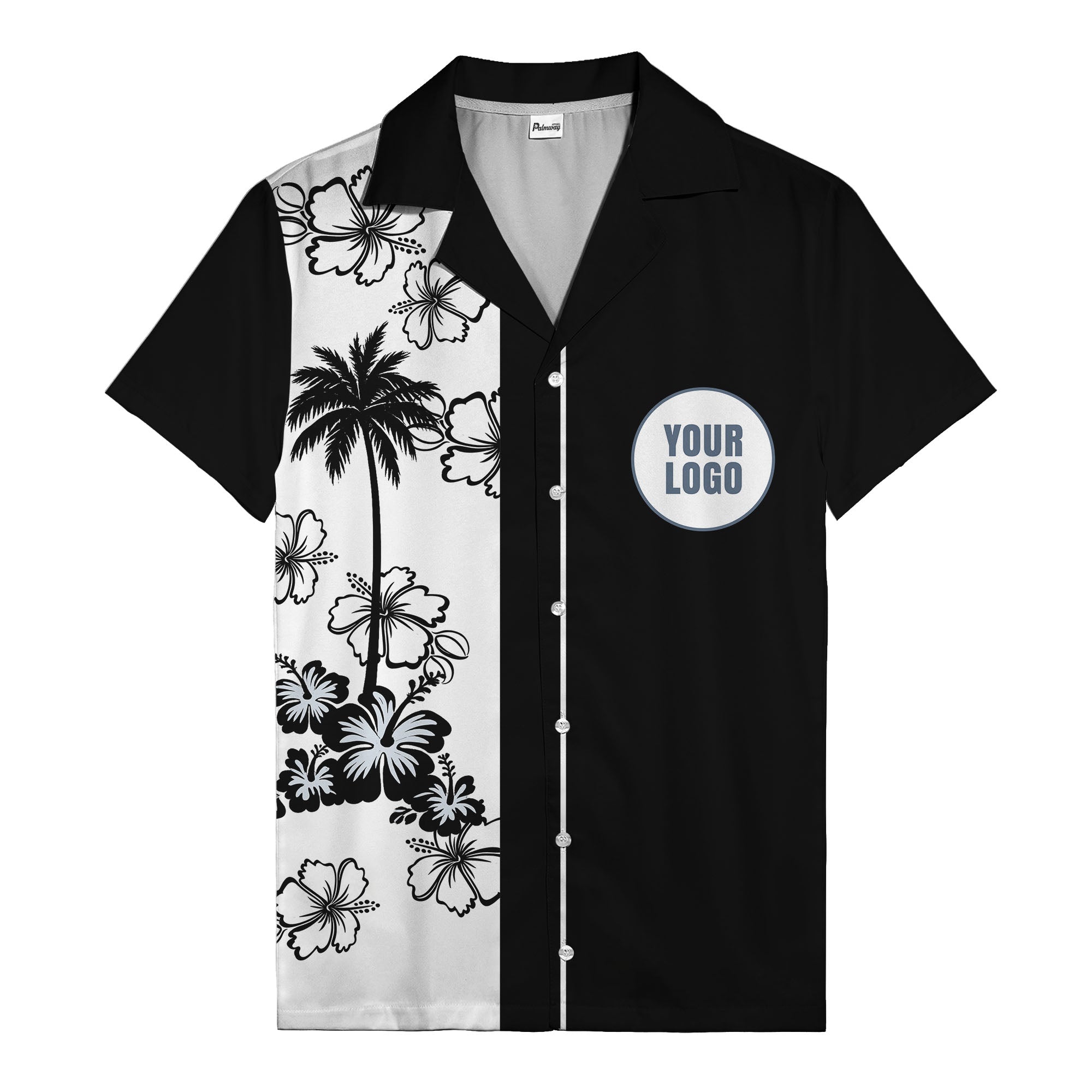 black white palm tree hibiscus panel graphic hawaiian shirt for men