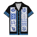 blue ceramic tile mosaic fish crab coral watercolor oceanic hawaiian shirt