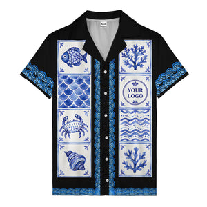 blue ceramic tile mosaic fish crab coral watercolor oceanic hawaiian shirt