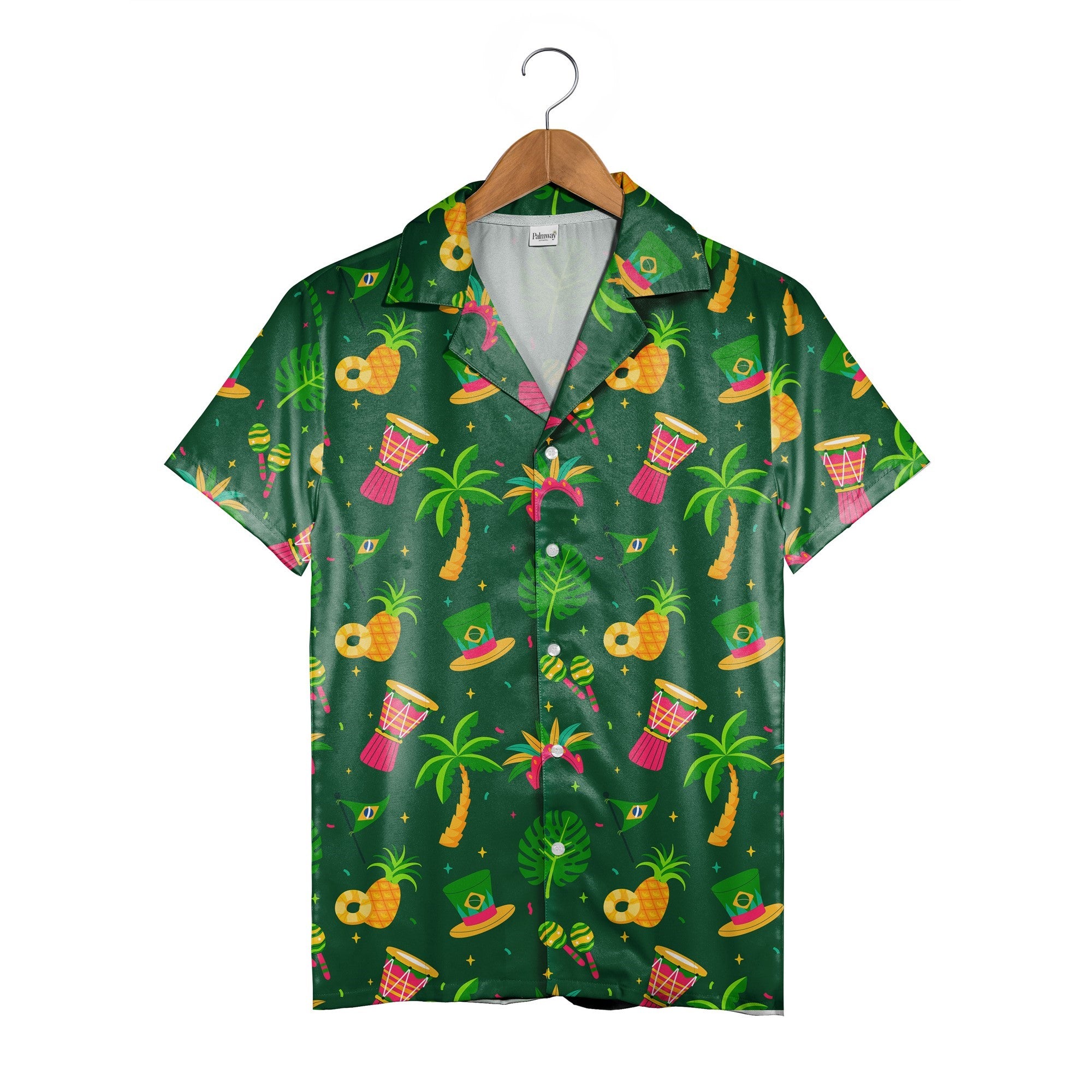 Brazilian Carnival Green Hawaiian Shirt with Drums and Headdresses