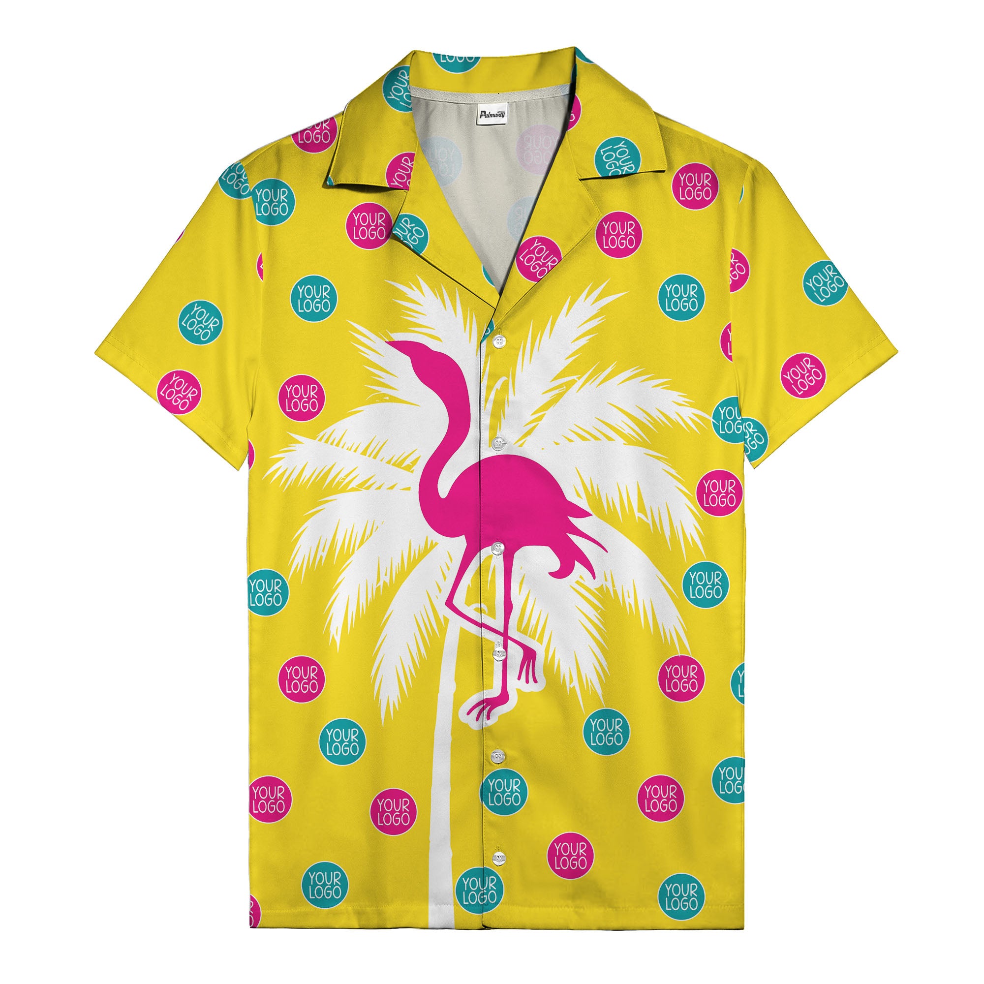 bright yellow flamingo on palm tree hawaiian shirt with custom logos
