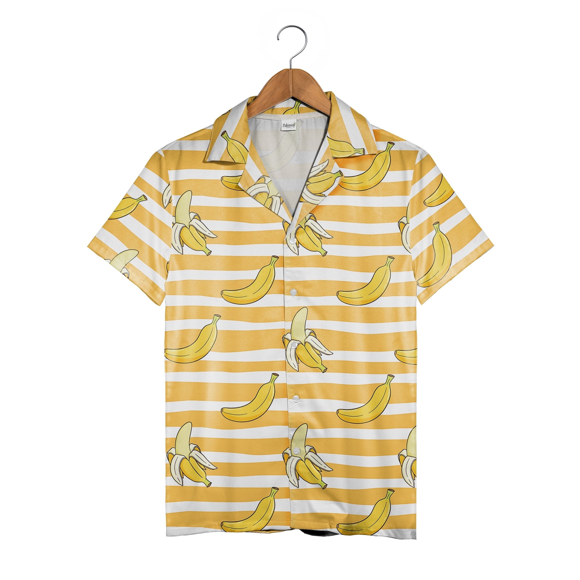 Cartoon Banana Hawaiian Shirt on Yellow and White Wavy Stripes