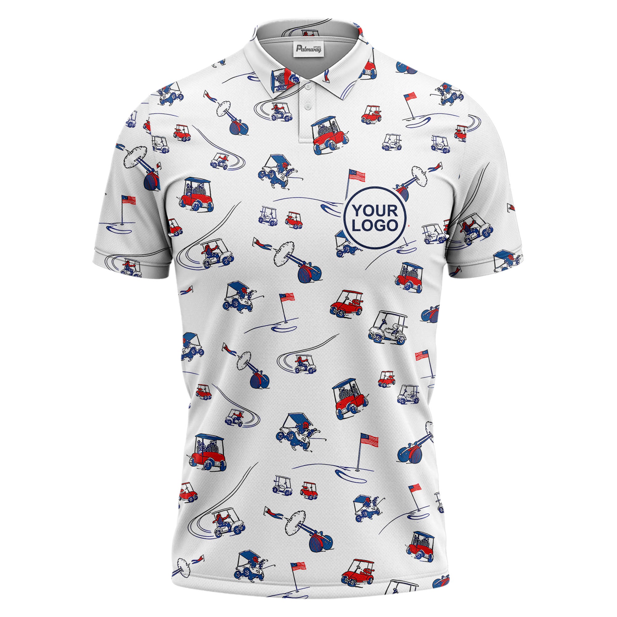 cartoon golf carts clubs flags repeating polo shirt for men