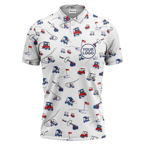 cartoon golf carts clubs flags repeating polo shirt for men