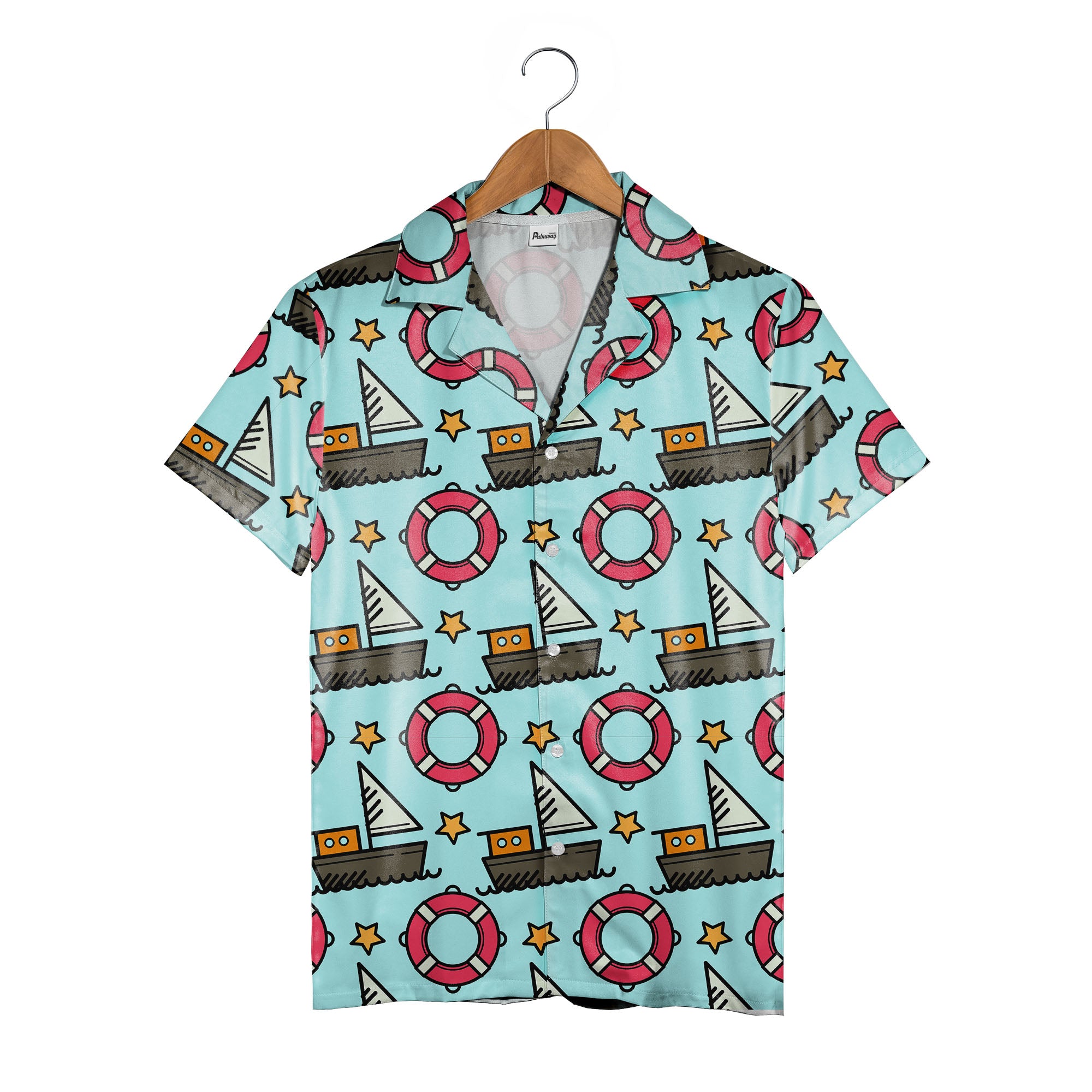 Cartoon Sailboat & Lifebuoy Hawaiian Shirt – Nautical Ocean Wave Pattern