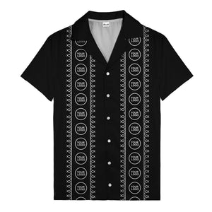 circular logo & fish symbols black hawaiian shirt for men
