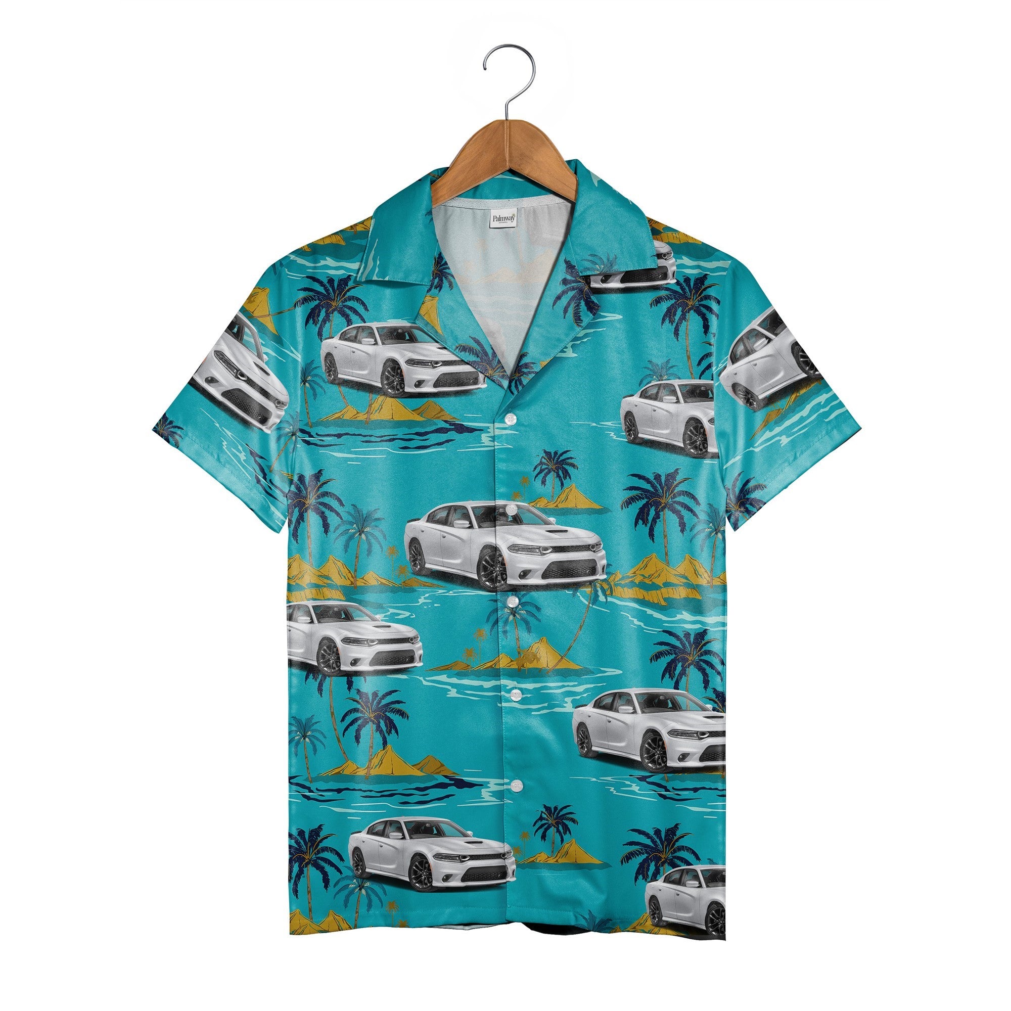 Classic Muscle Car Hawaiian Shirt with Palm Trees and Island Scene