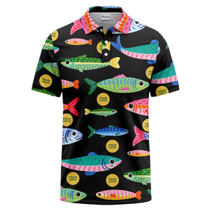colorful cartoon fish & custom logo repeat all-over print polo shirt