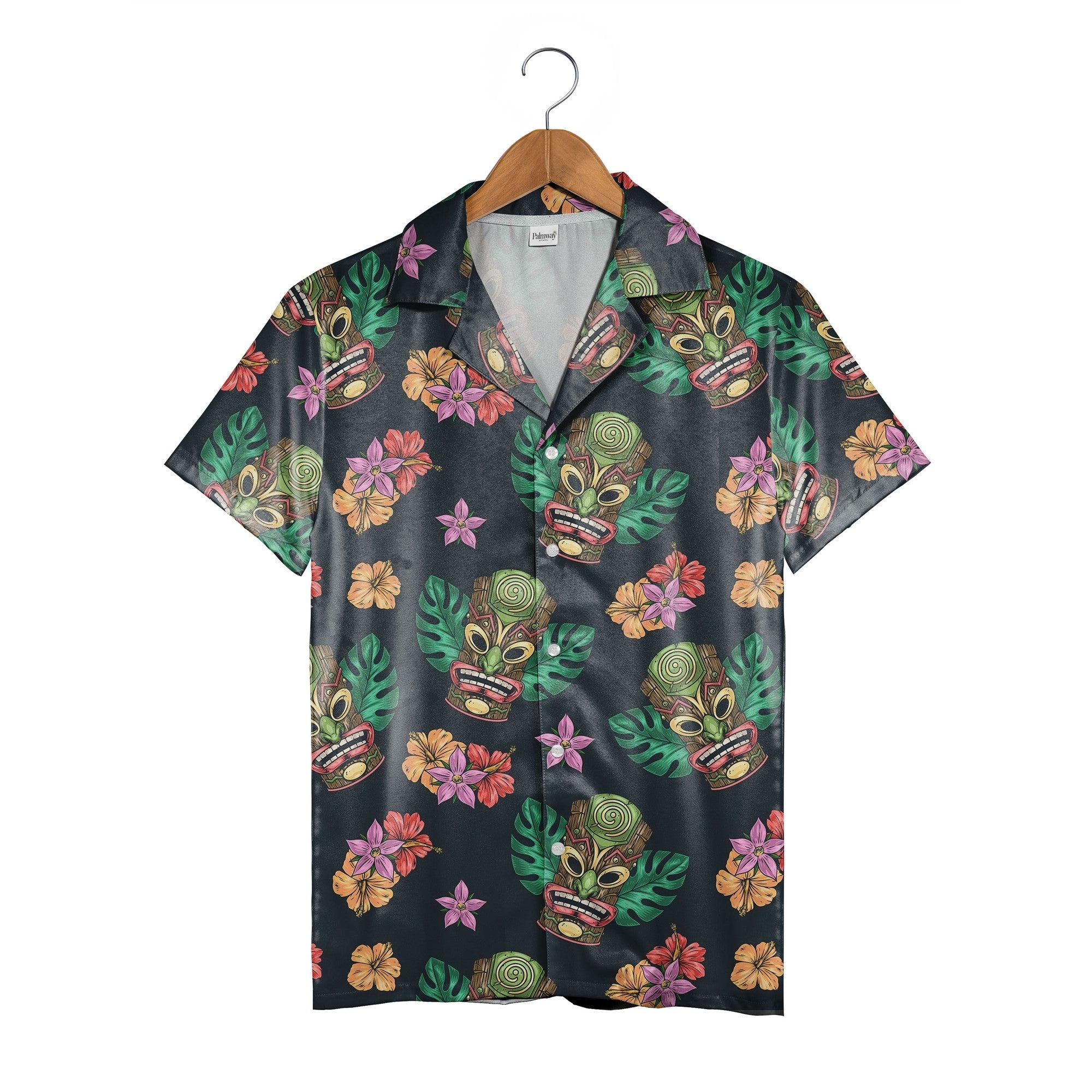 Colorful Tiki Mask Hawaiian Shirt with Hibiscus on Charcoal Grey