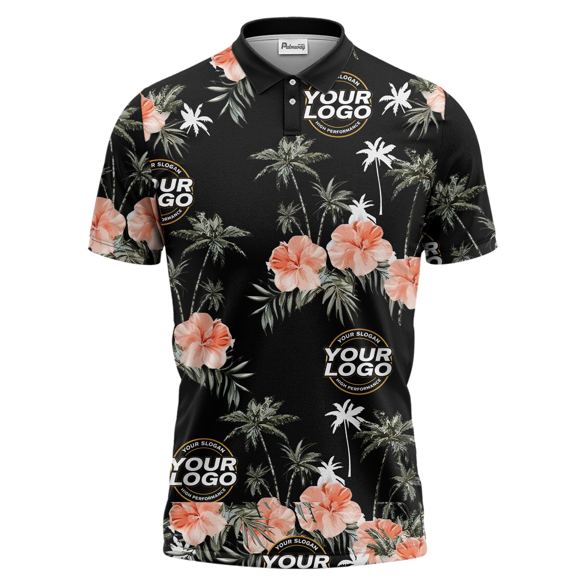 coral hibiscus & palm tree watercolor tropical floral polo shirt for men