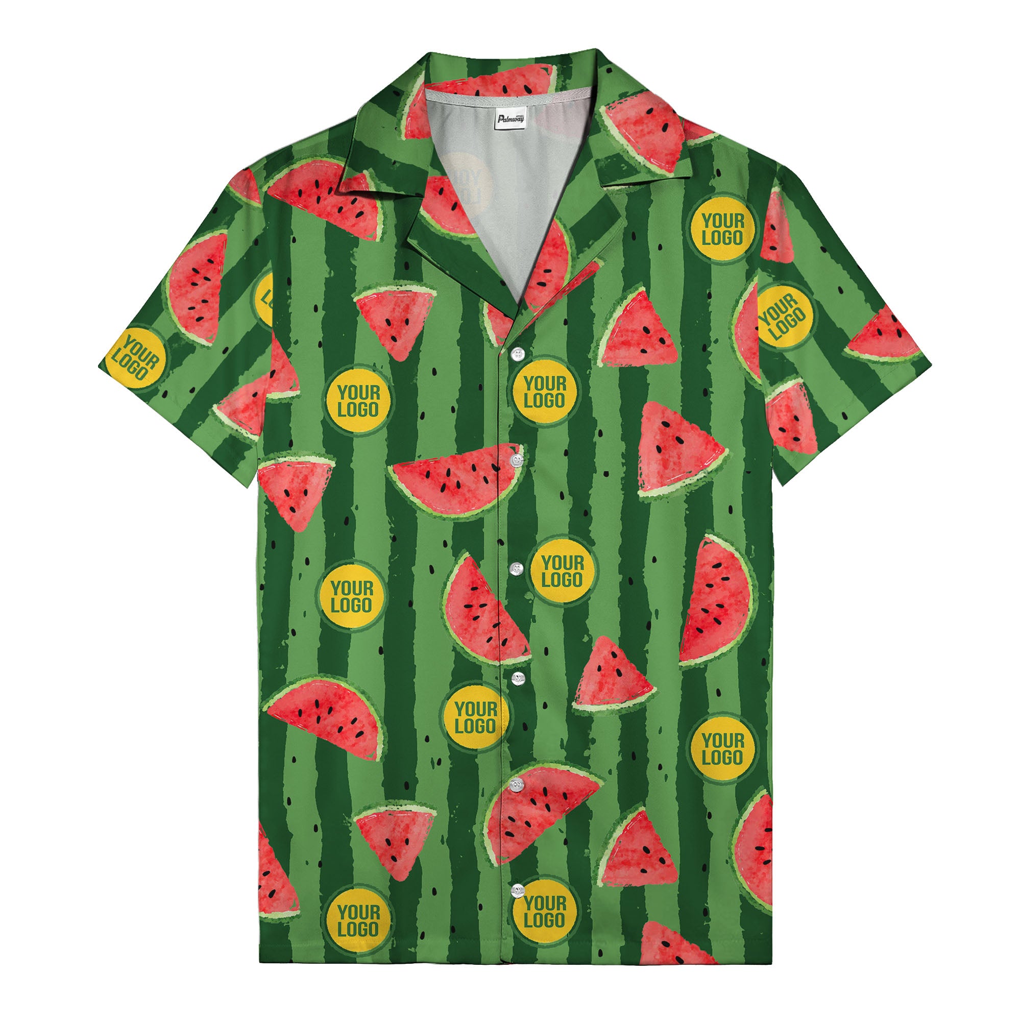 coral watermelon slices & bold green stripes fun cartoon hawaiian shirt