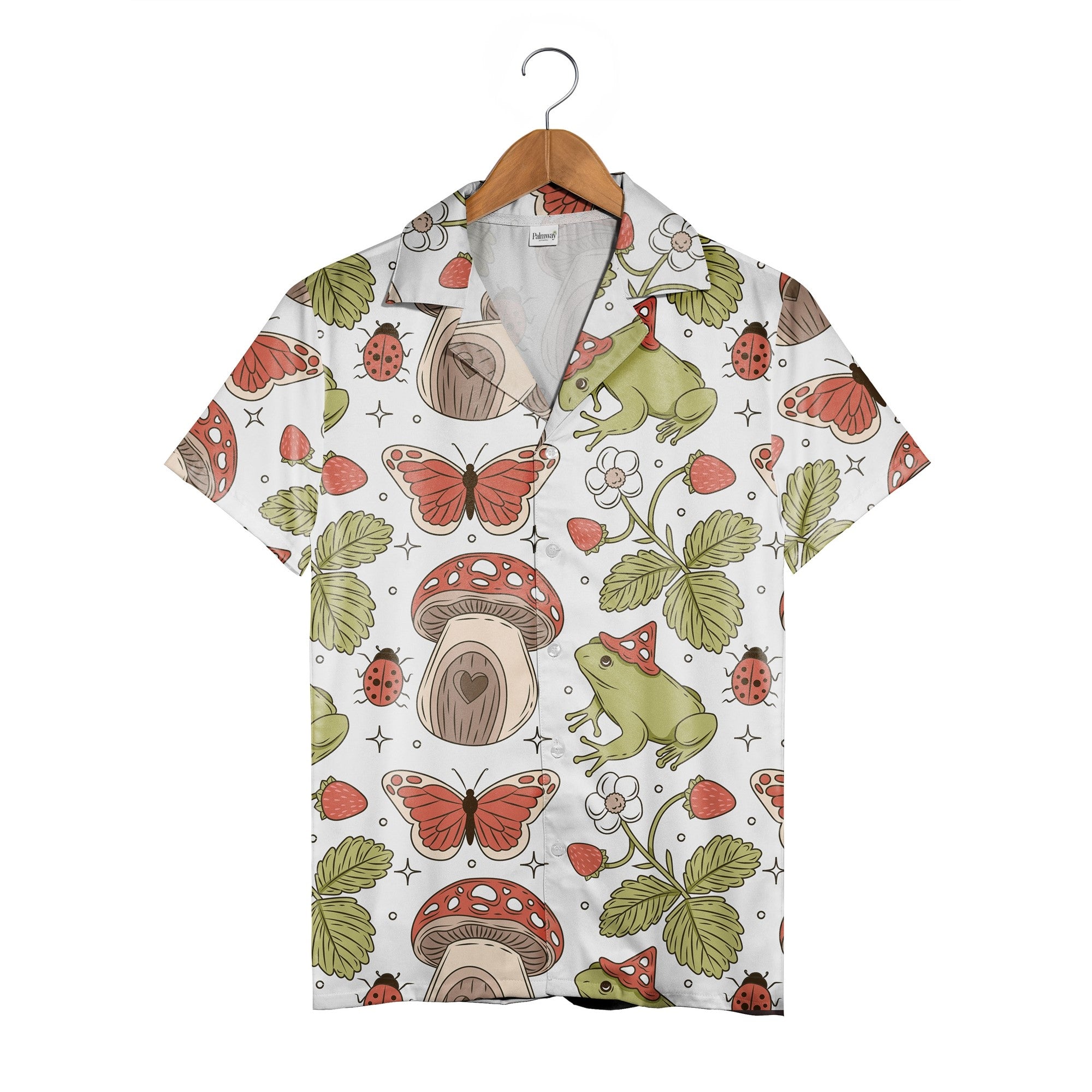 Cottagecore Frog and Mushroom Cap Hawaiian Shirt with Butterflies