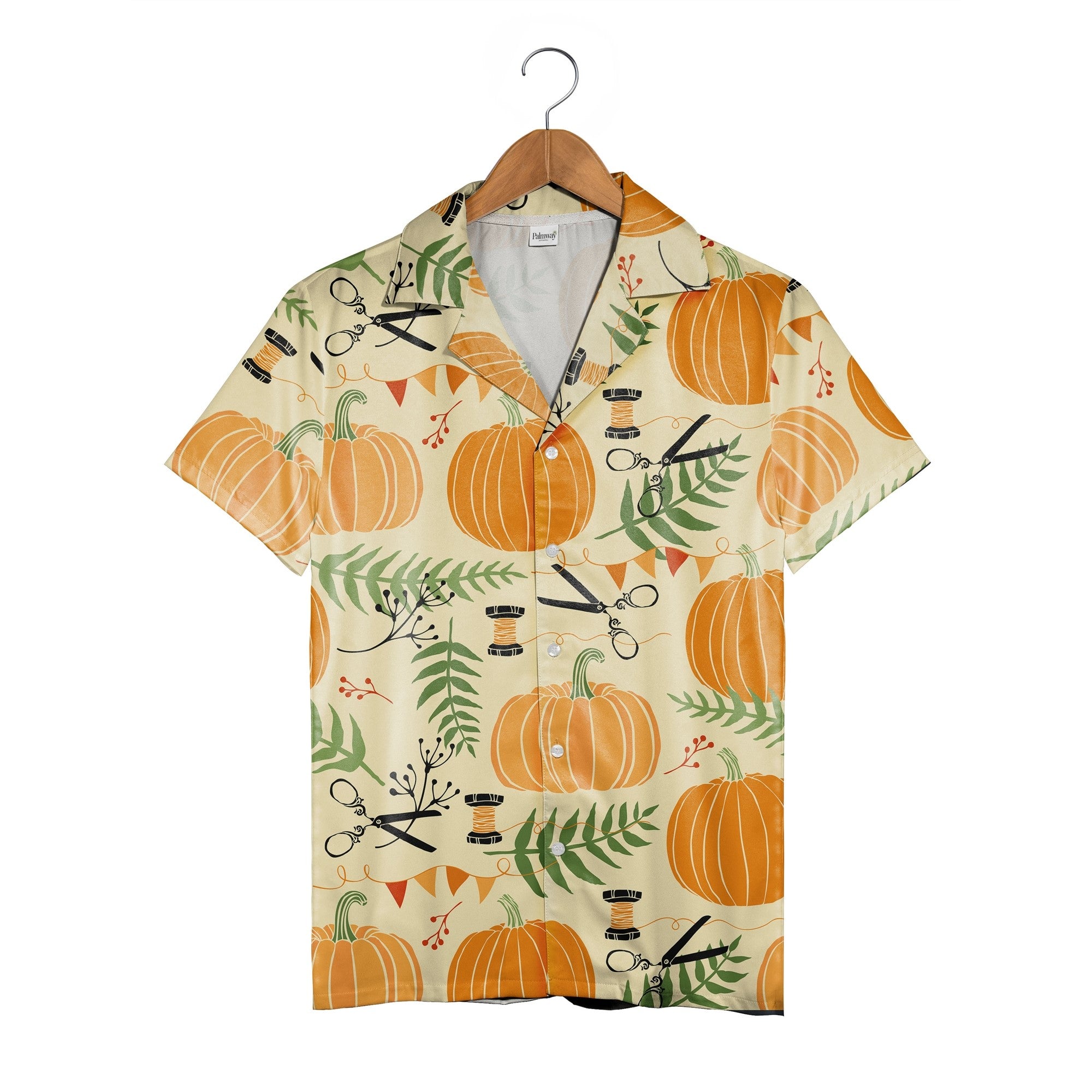 Crafty Autumn Pumpkin Hawaiian Shirt with Scissors and Thread