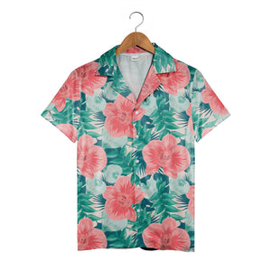 Cream Hawaiian Shirt with Large Coral Orchids and Swirling Teal Leaves