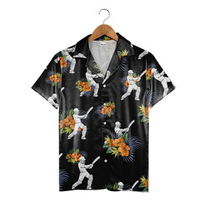 Cricket Aloha Shirt - Tropical Floral Players Bats Helmets Orange Green Print