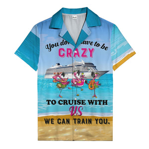 cruise ship & flamingo beach scene cartoon hawaiian shirt
