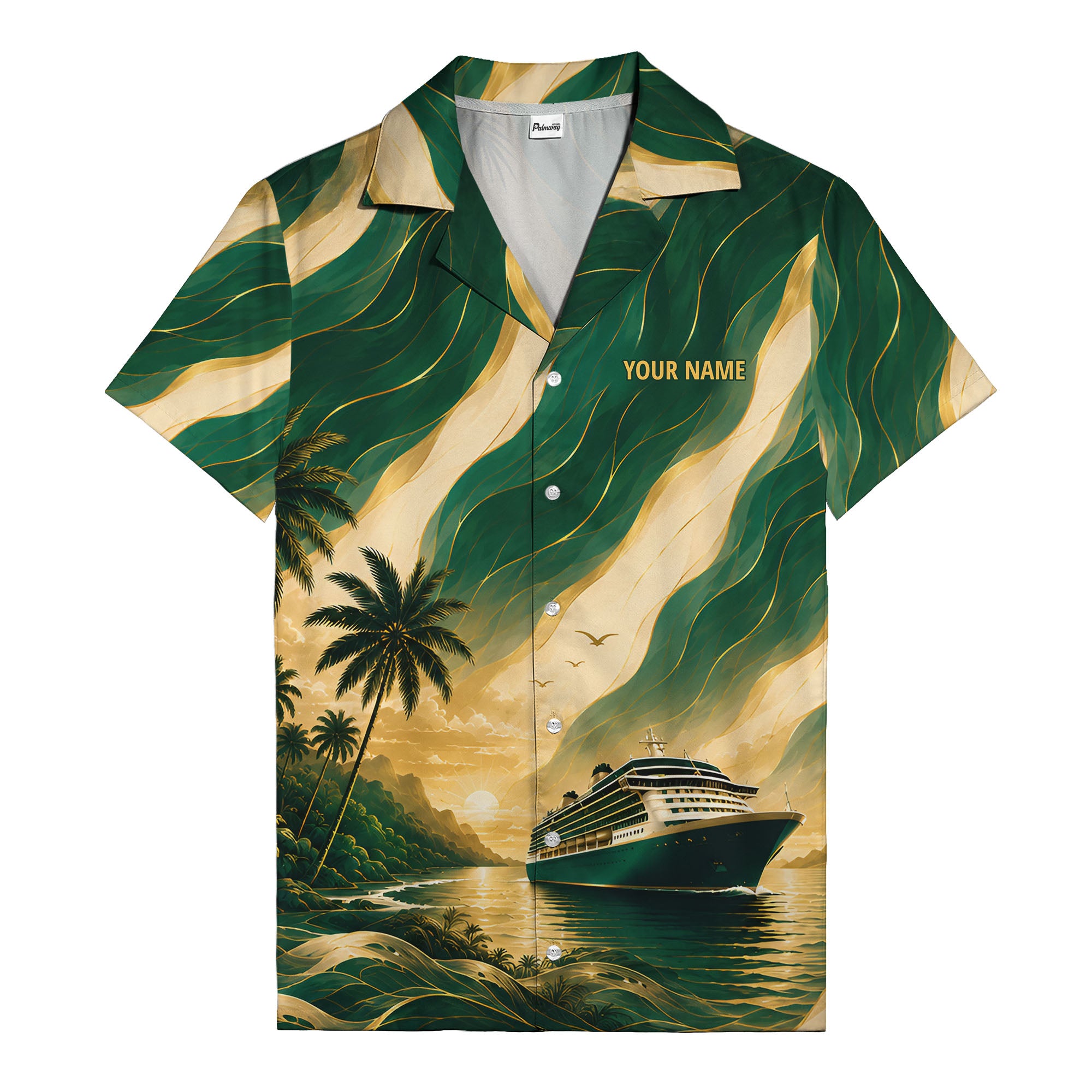 cruise ship sailing into golden sunset palm trees hawaiian shirt