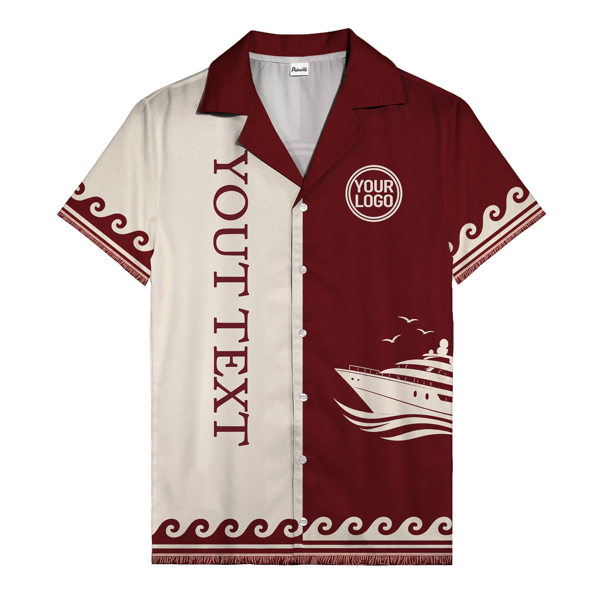 cruise ship & soaring seagulls on maroon ocean waves hawaiian shirt