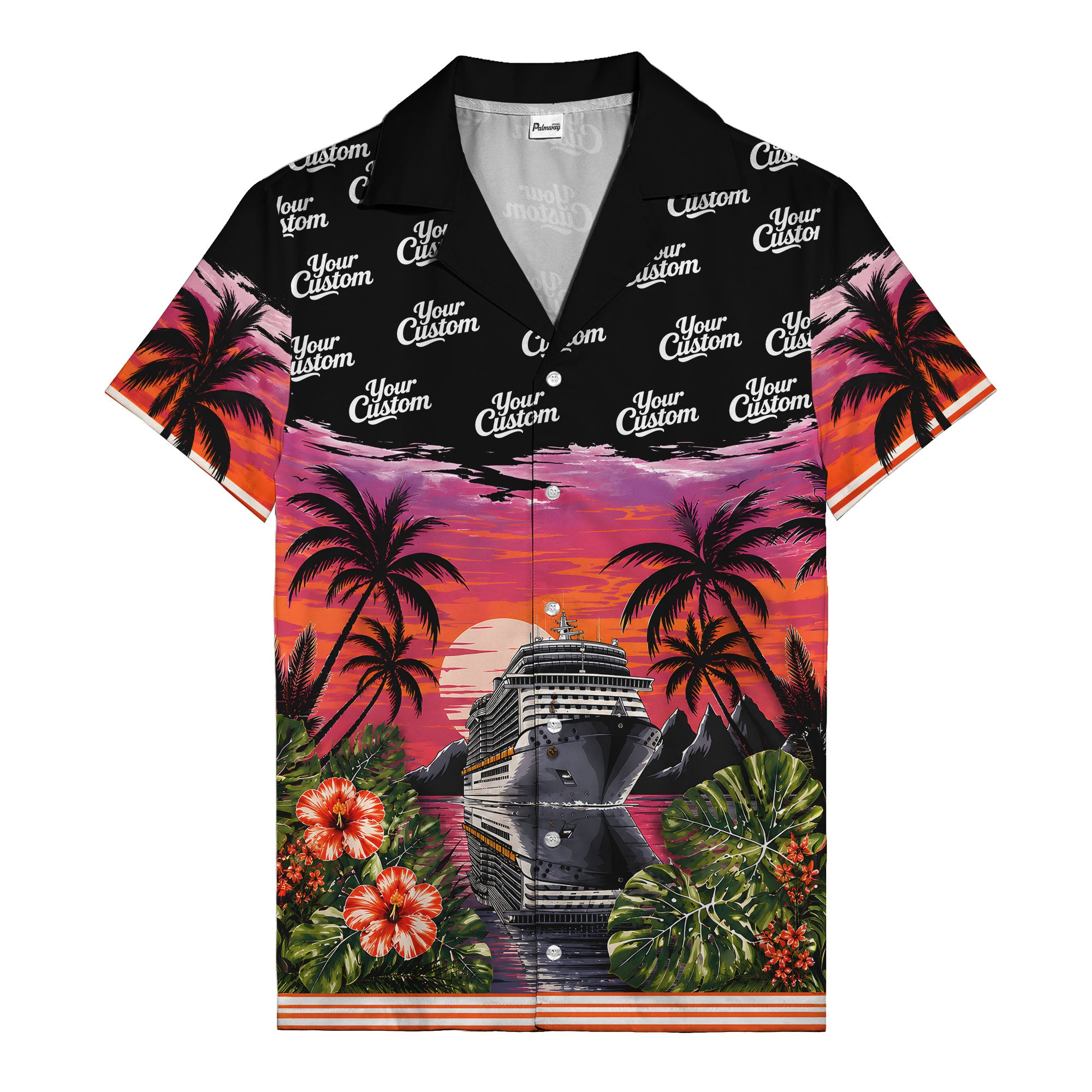 cruise ship sunset palm trees hibiscus flowers hawaiian shirt for men