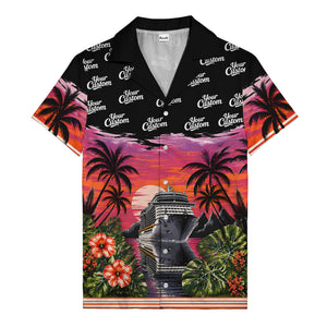 cruise ship sunset palm trees hibiscus flowers hawaiian shirt for men