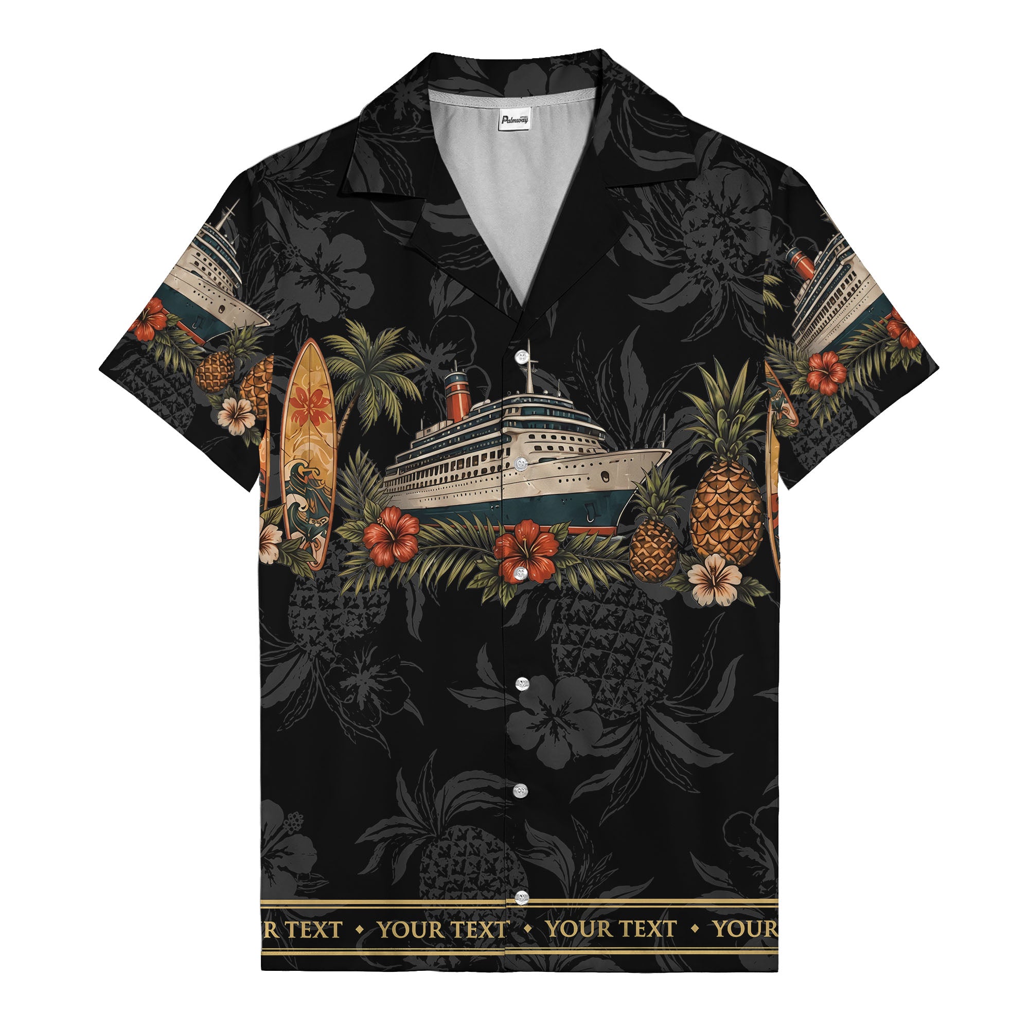 cruise ship surfboard pineapple palm hibiscus hawaiian shirt