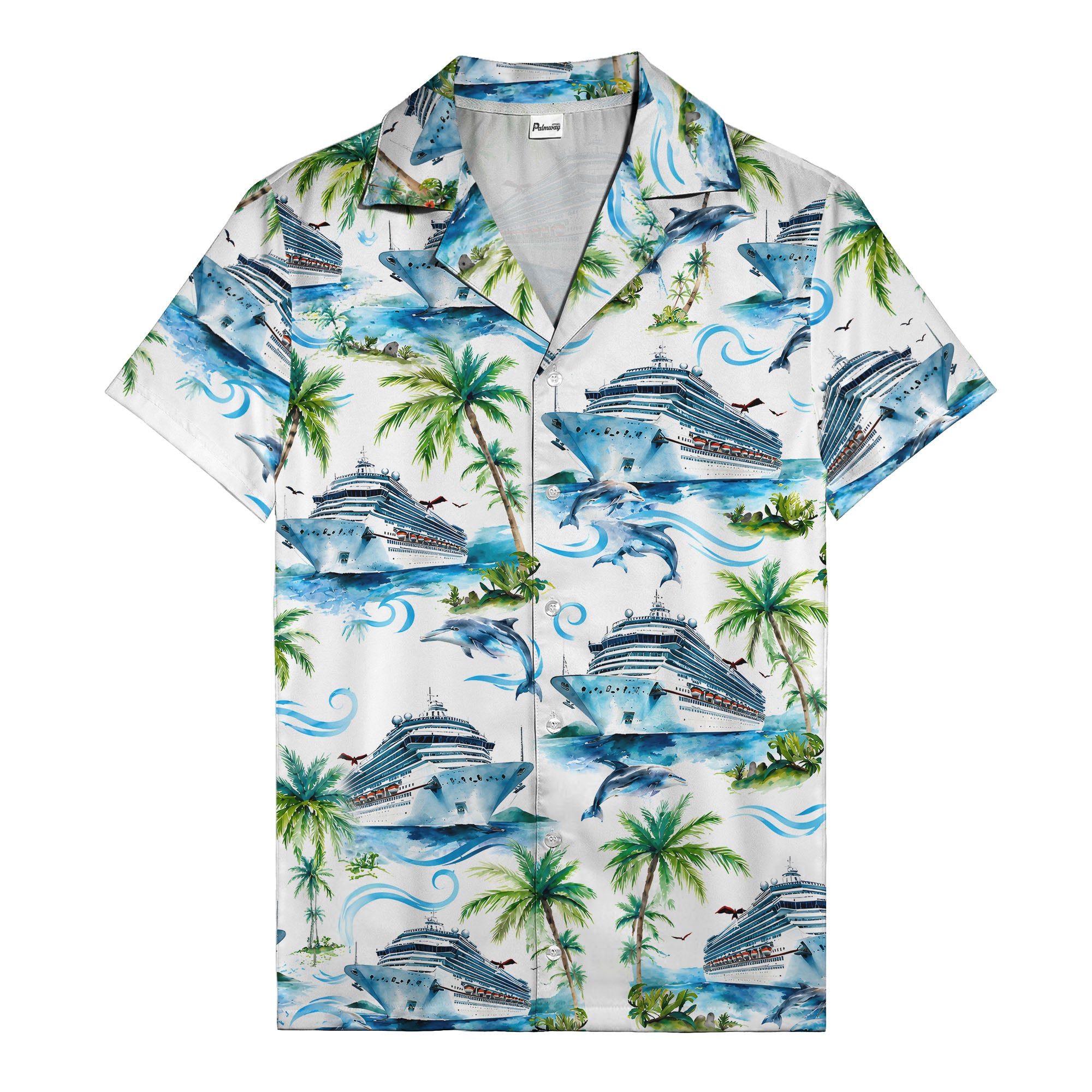 cruise ships dolphins & palm tree watercolor hawaiian shirt