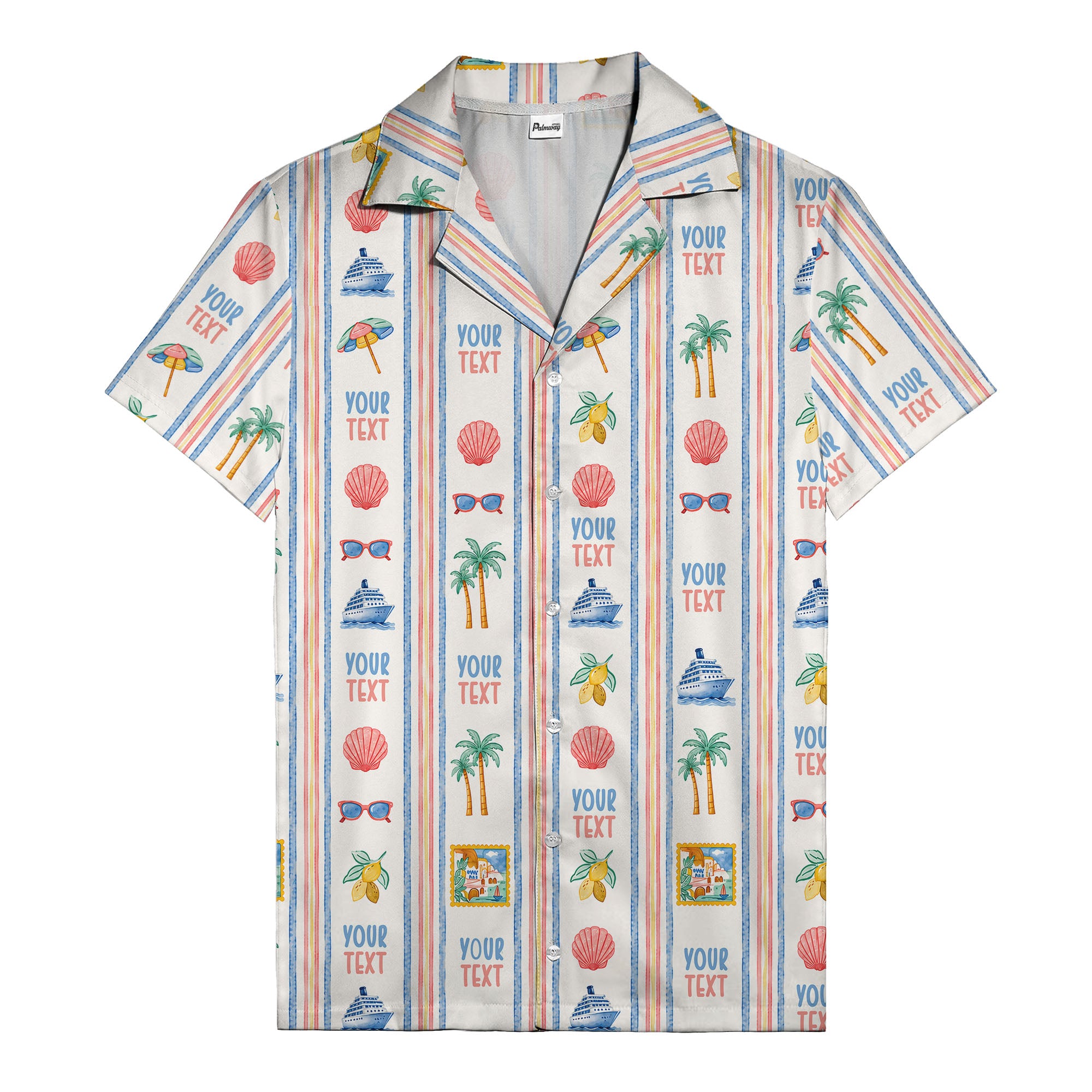 cruise ships palm trees postage stamps & sunglasses watercolor hawaiian shirt