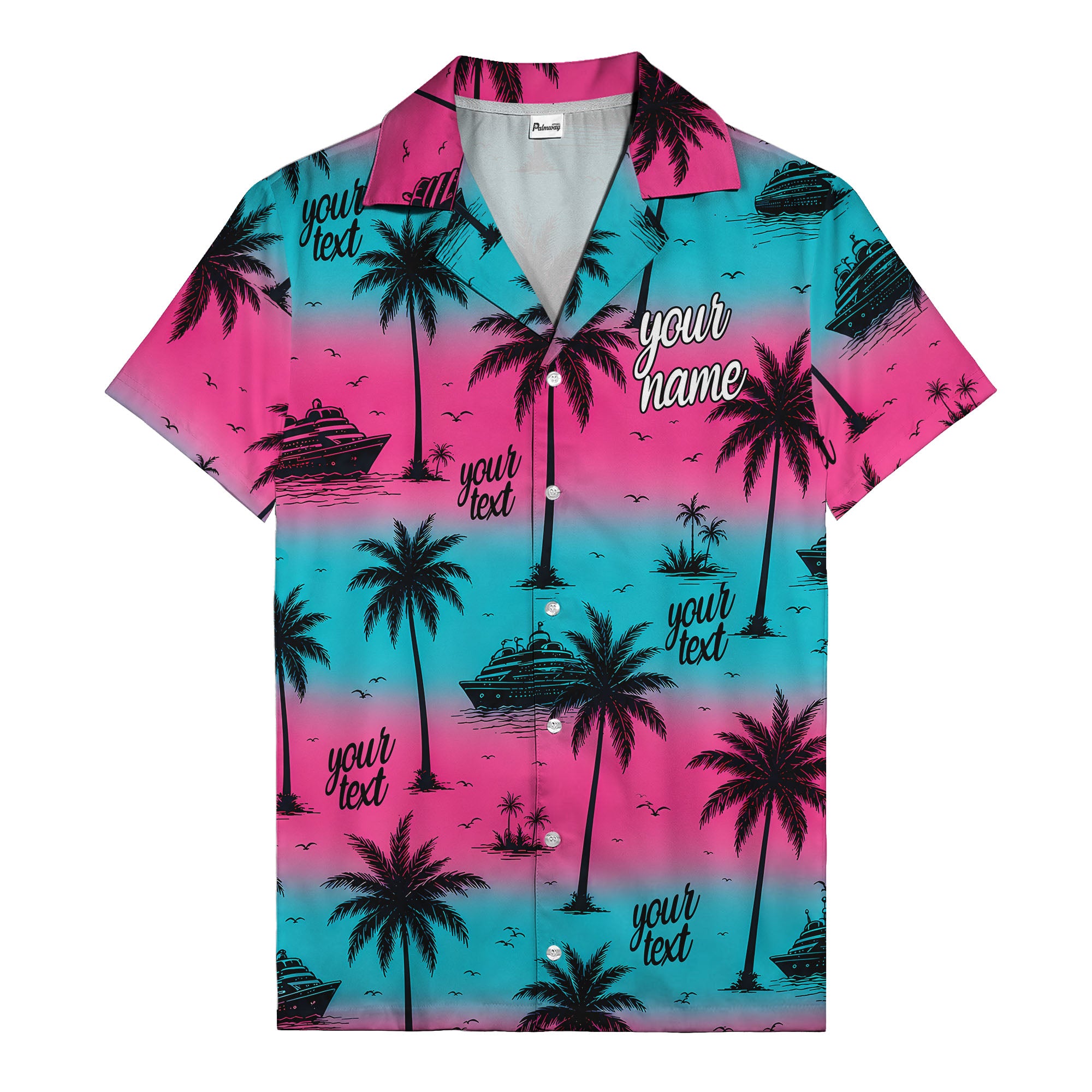 cruise ships & palm trees sunset coral pink hawaiian shirt