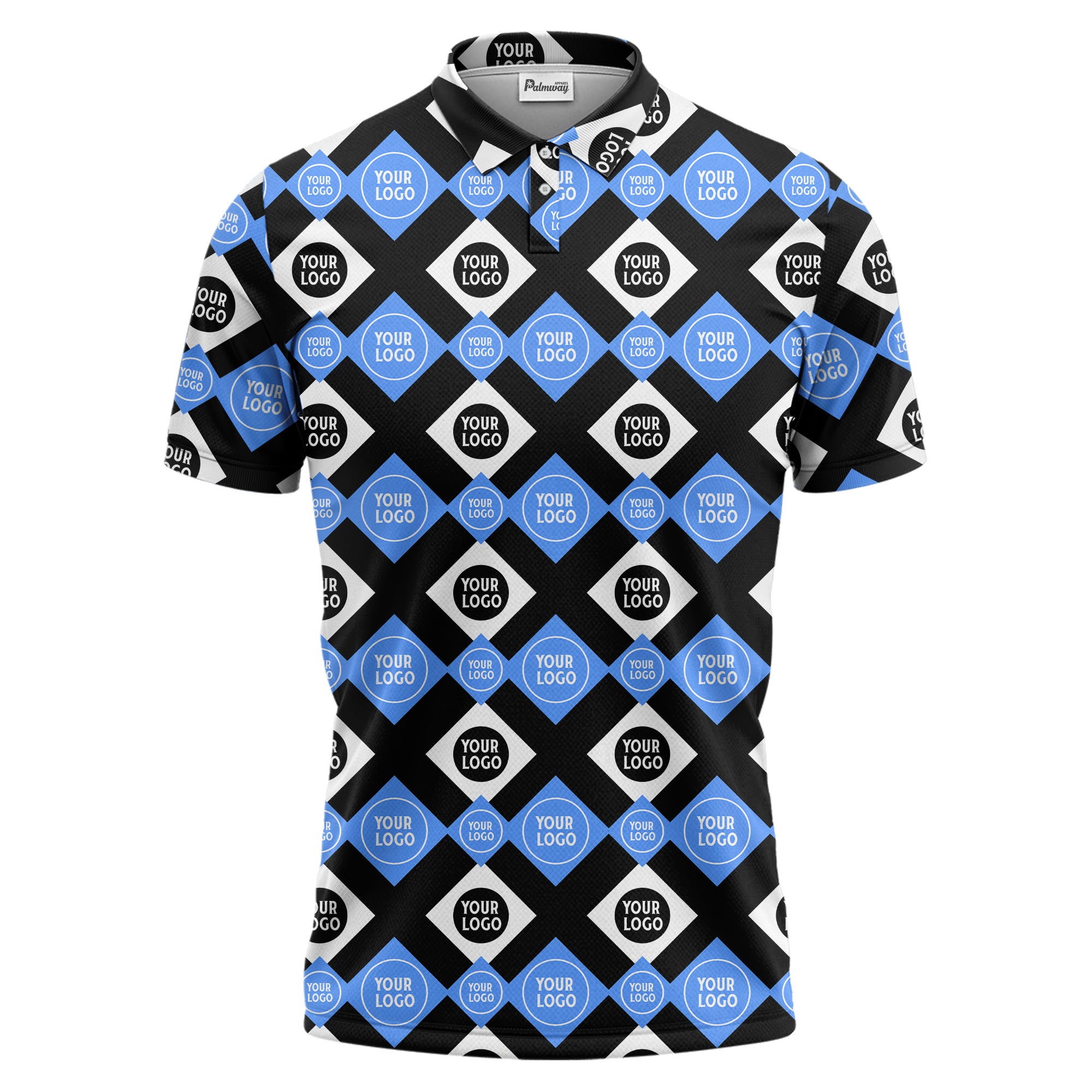 custom color geometric diamond grid polo shirt | all-over corporate logo print
