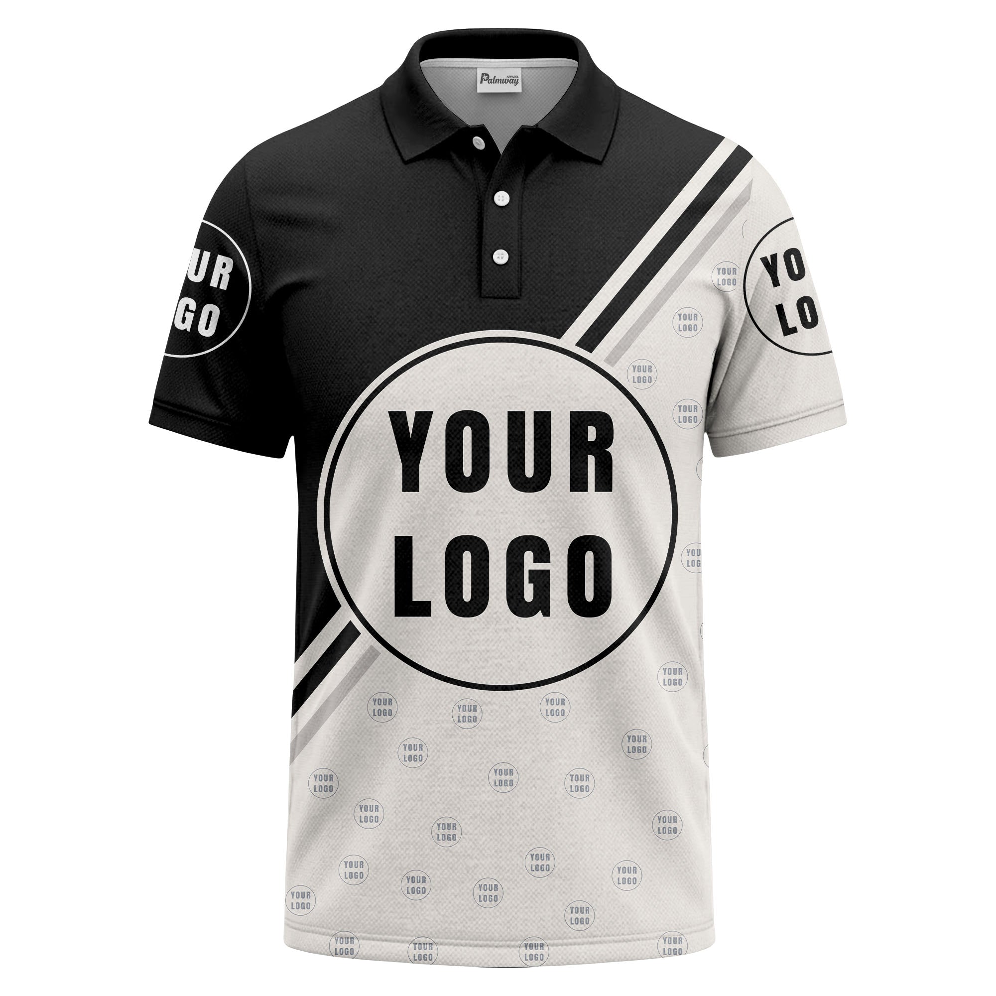 custom logo circles & diagonal stripes all over print polo shirt