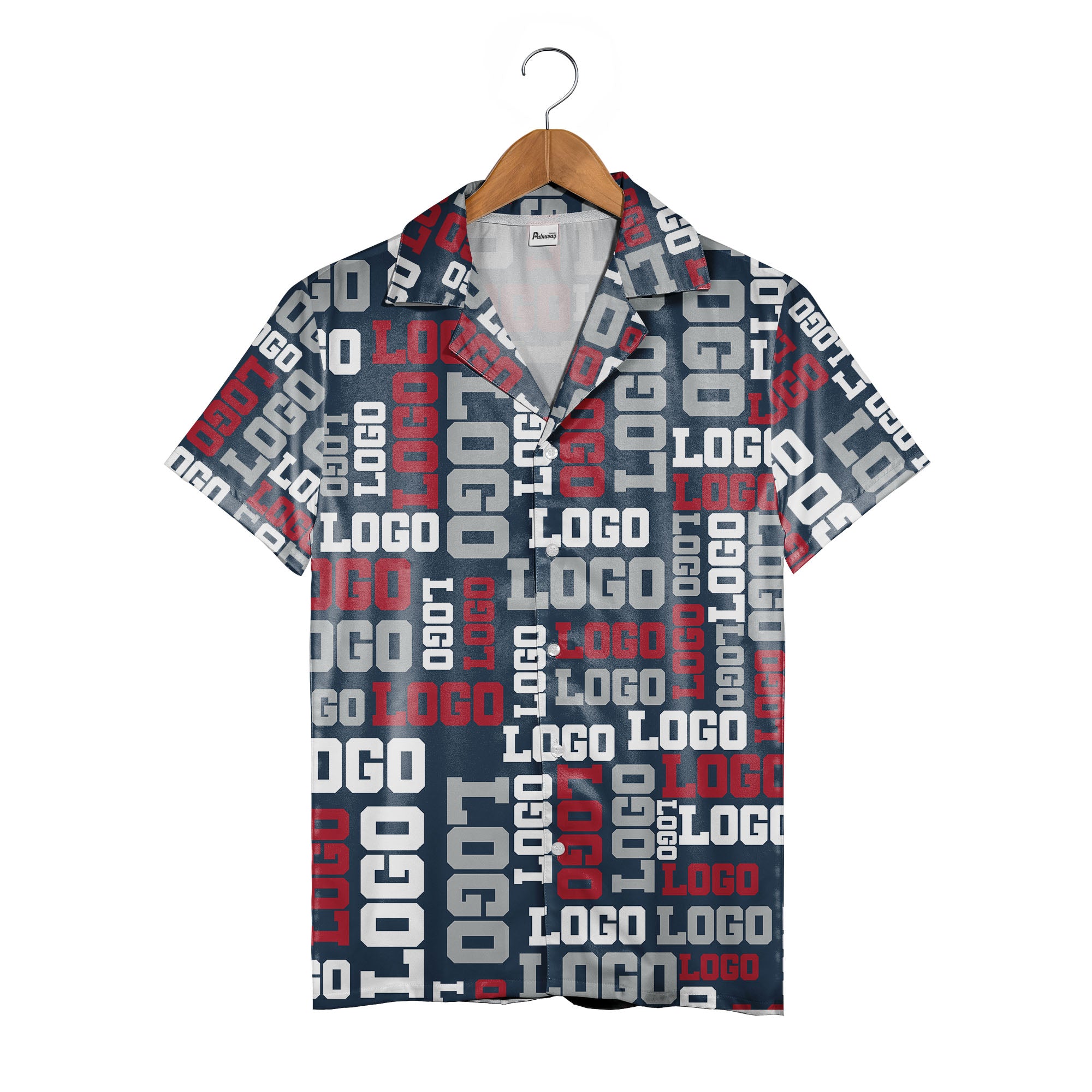 Custom Logo Hawaiian Shirt - Navy Red White Typography Repeating Letter Pattern