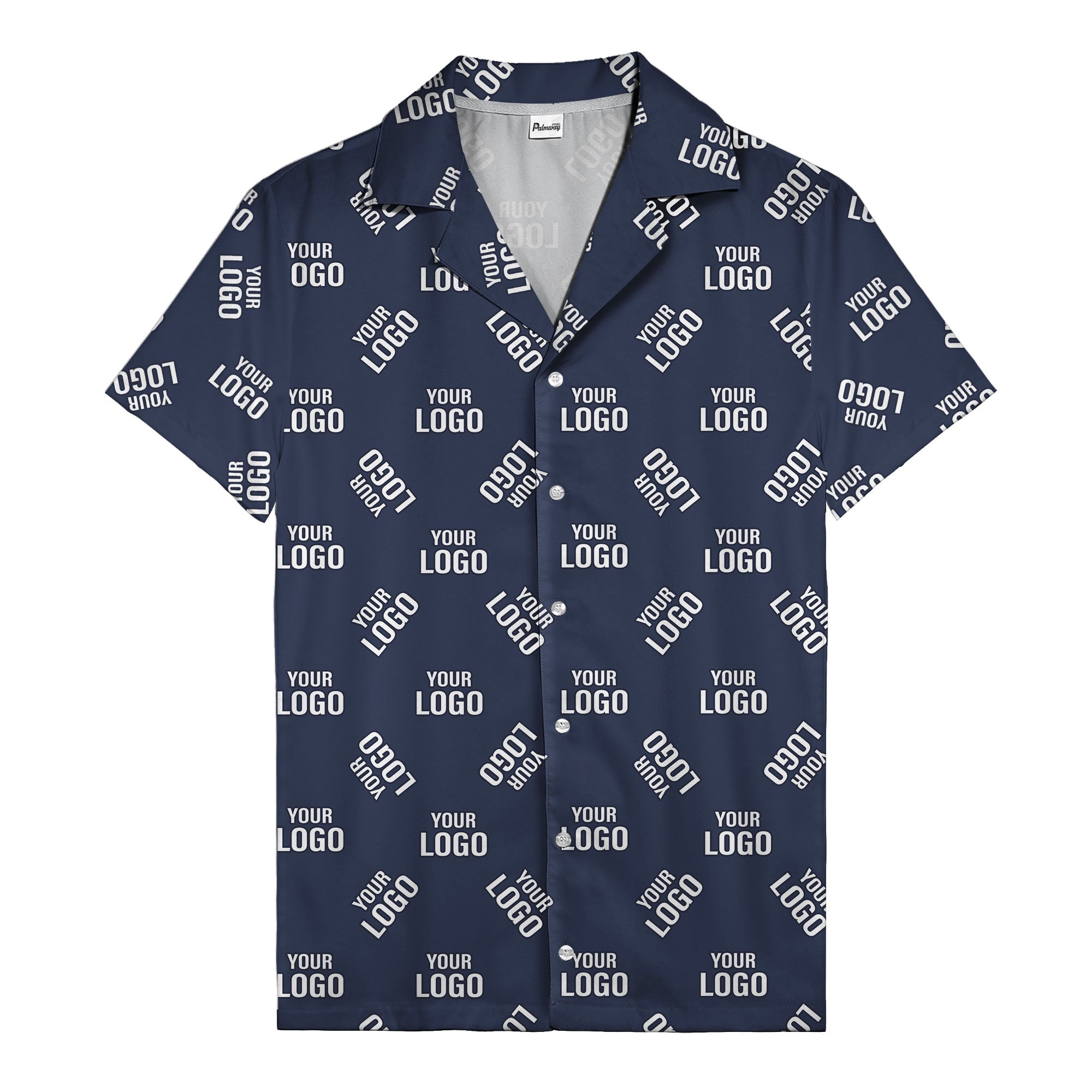 custom logo repeat navy white illustrated hawaiian shirt for personalized style