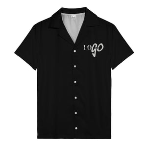 custom logo typography on solid black minimalist modern hawaiian shirt