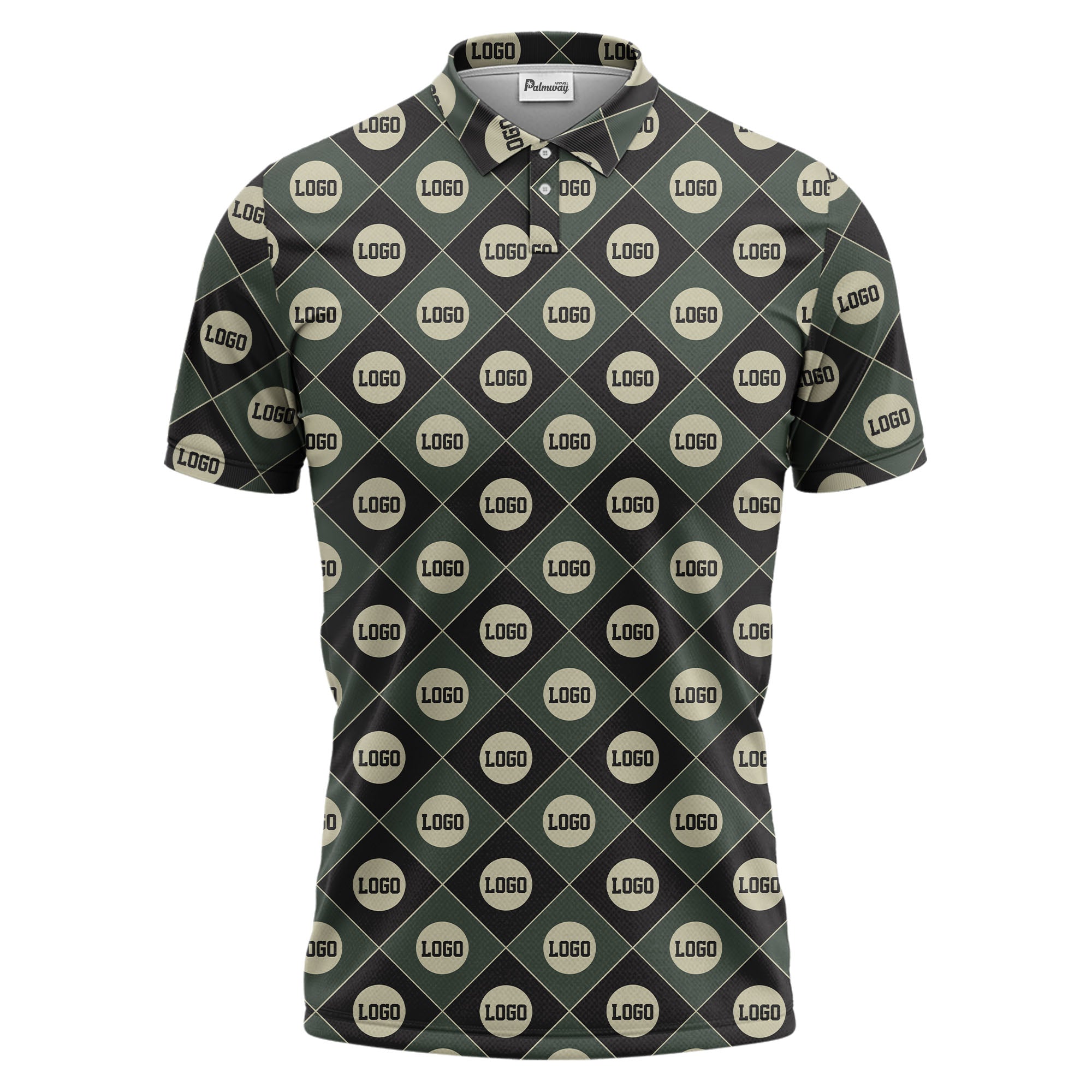 custom multi color geometric logo pattern polo shirt with diamond shapes branding design hawaiian shirt