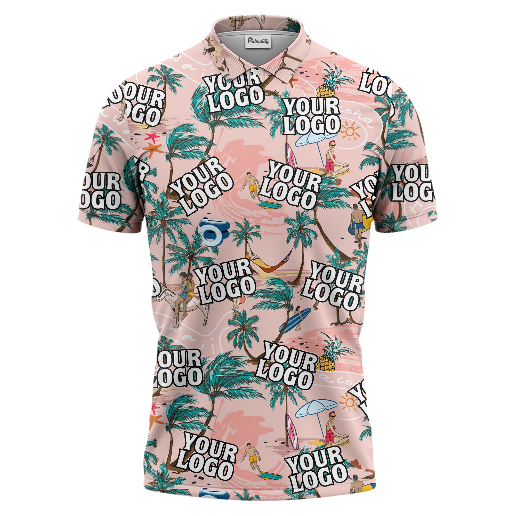 custom multi color tropical beach scene polo shirt with palm trees ocean view summer hawaiian shirt