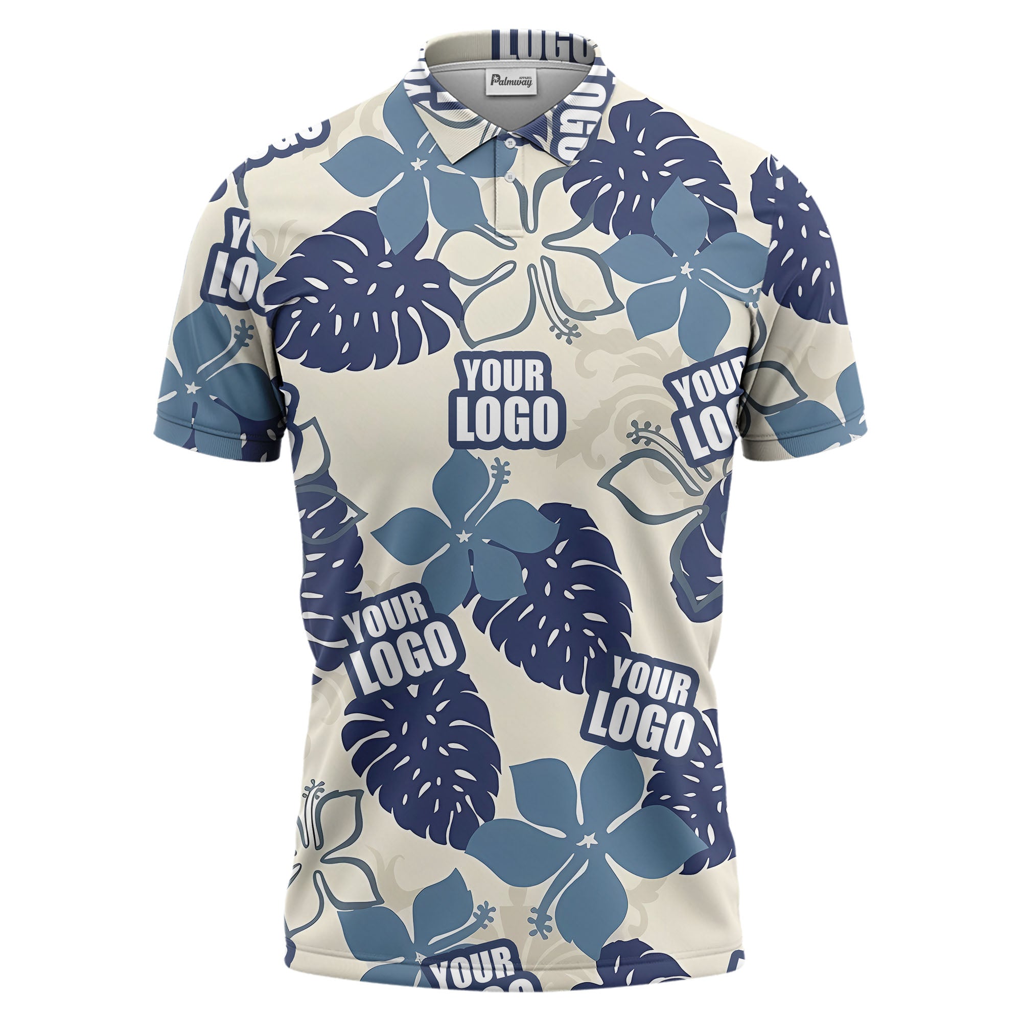 custom multi color tropical floral polo shirt with hibiscus & palm leaf print for vacation hawaiian shirt