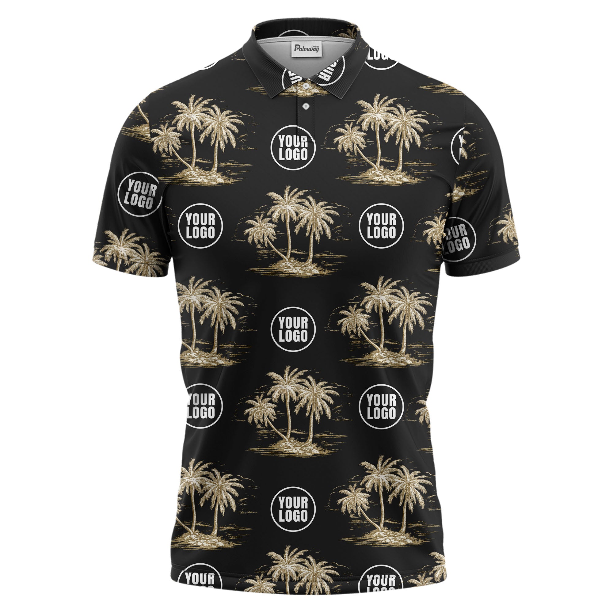 custom multi color tropical palm tree island clouds illustrated golf polo shirt for men