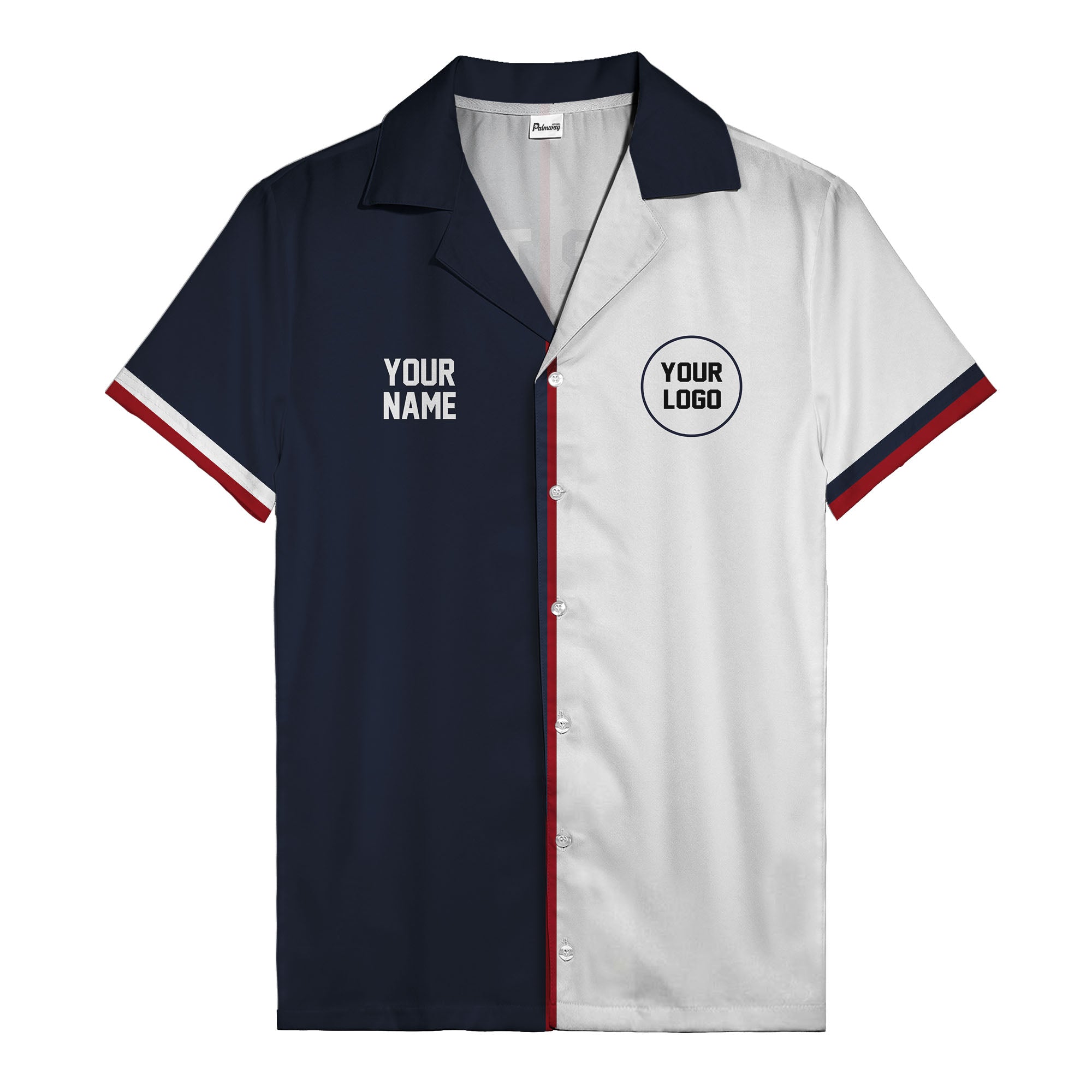 custom name & logo circle navy hawaiian shirt for bowlers